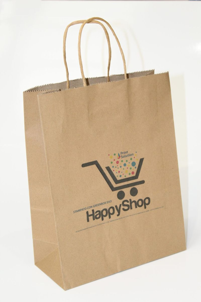 Shopper in carta kraft 24x31 con manico ritorto e logo HappyShop