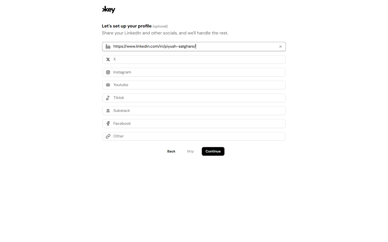 AI profile enrichment screen (paste professional profile link)