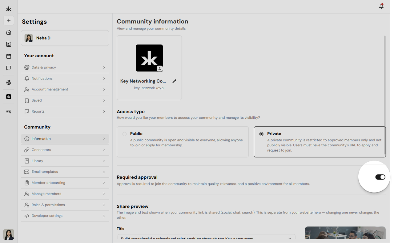 Membership approval toggle