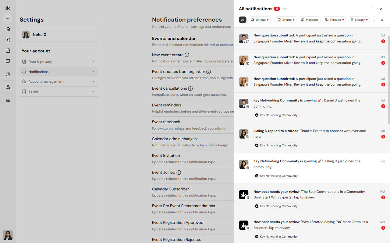 Notifications panel showing filters, individual notification actions, and the mark all as read option.