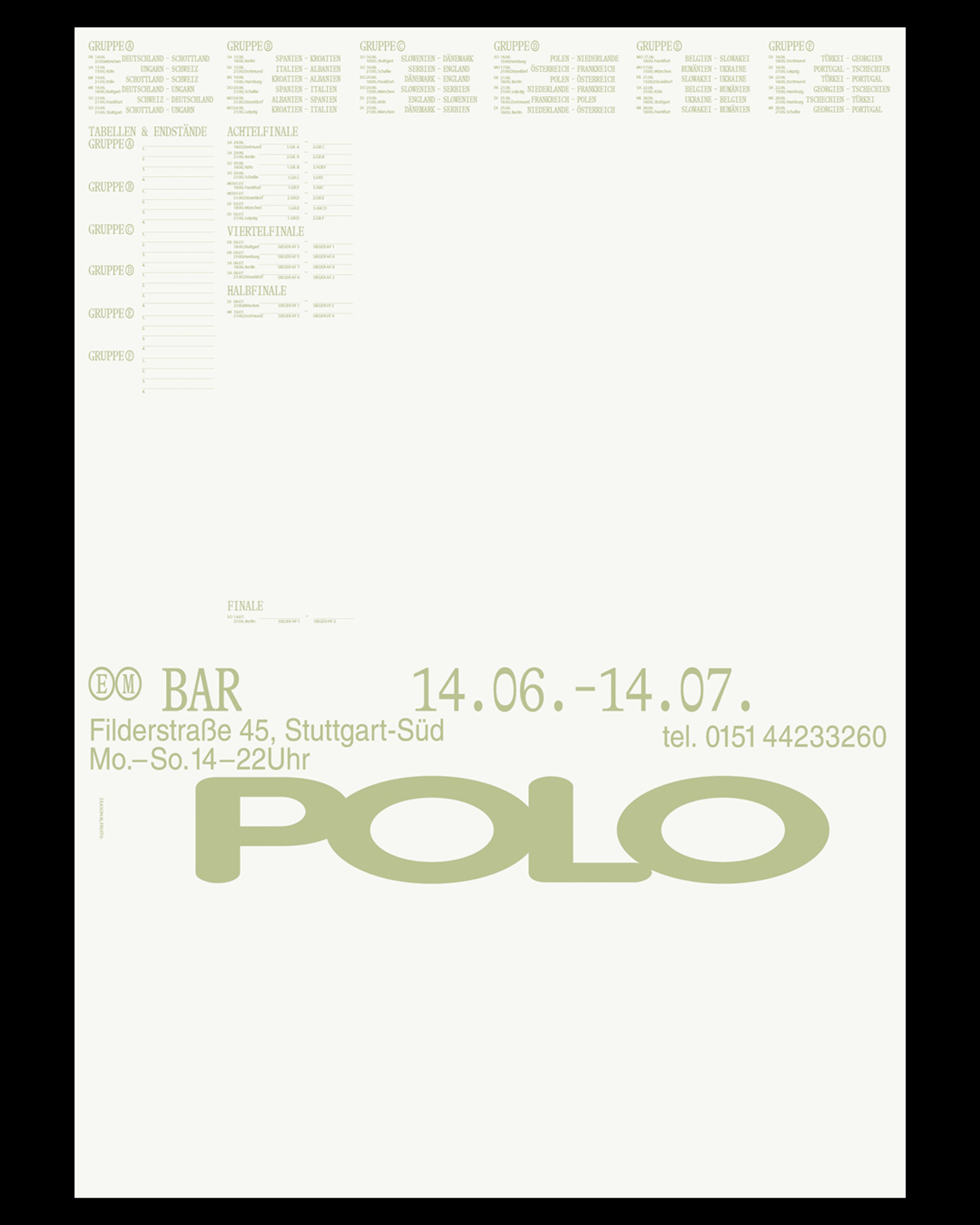 Poster with timetable for the European championships 2024. Visual identity for Polo Bar by Seasonal Fruit