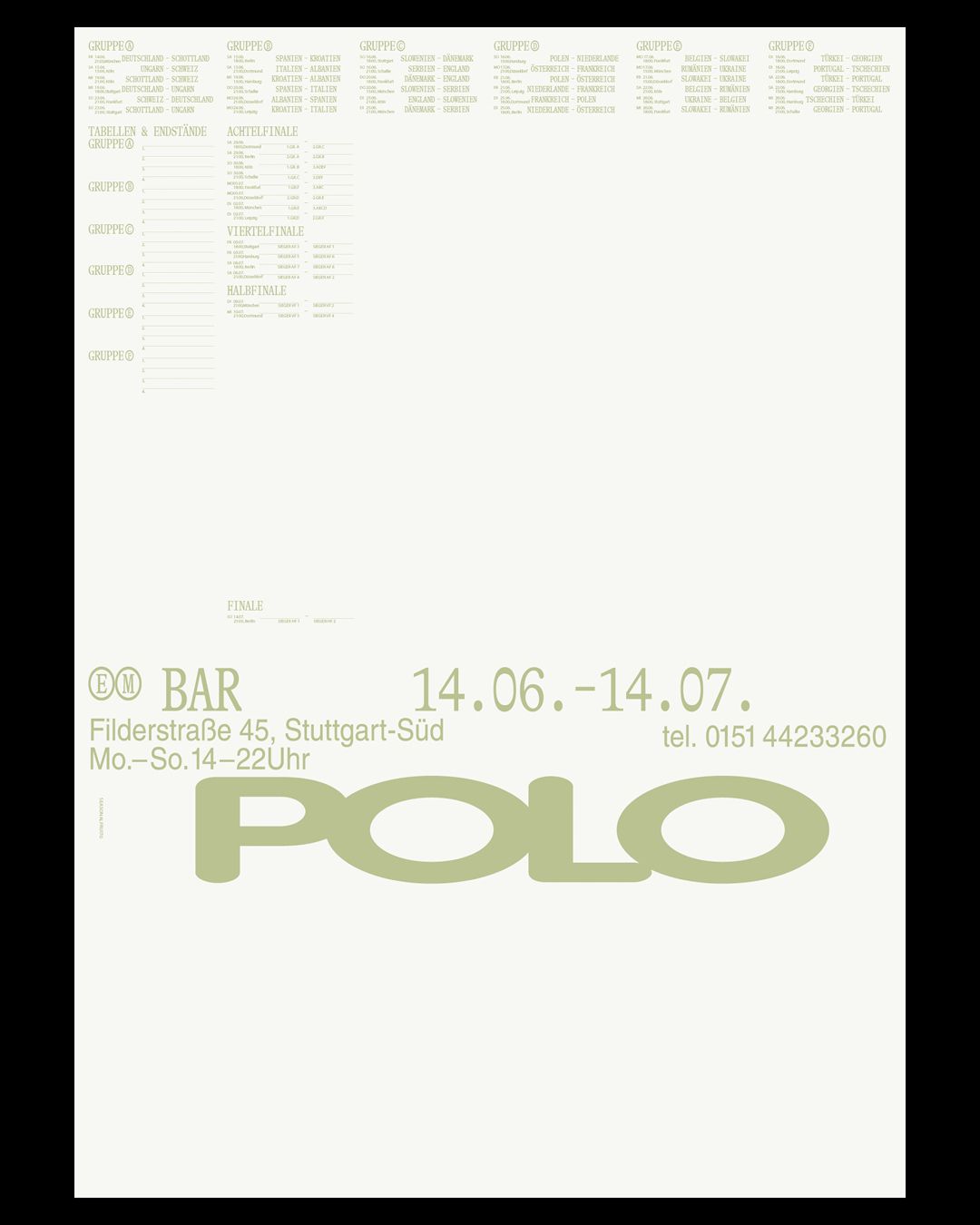 Poster with timetable for the European championships 2024. Visual identity for Polo Bar by Seasonal Fruit