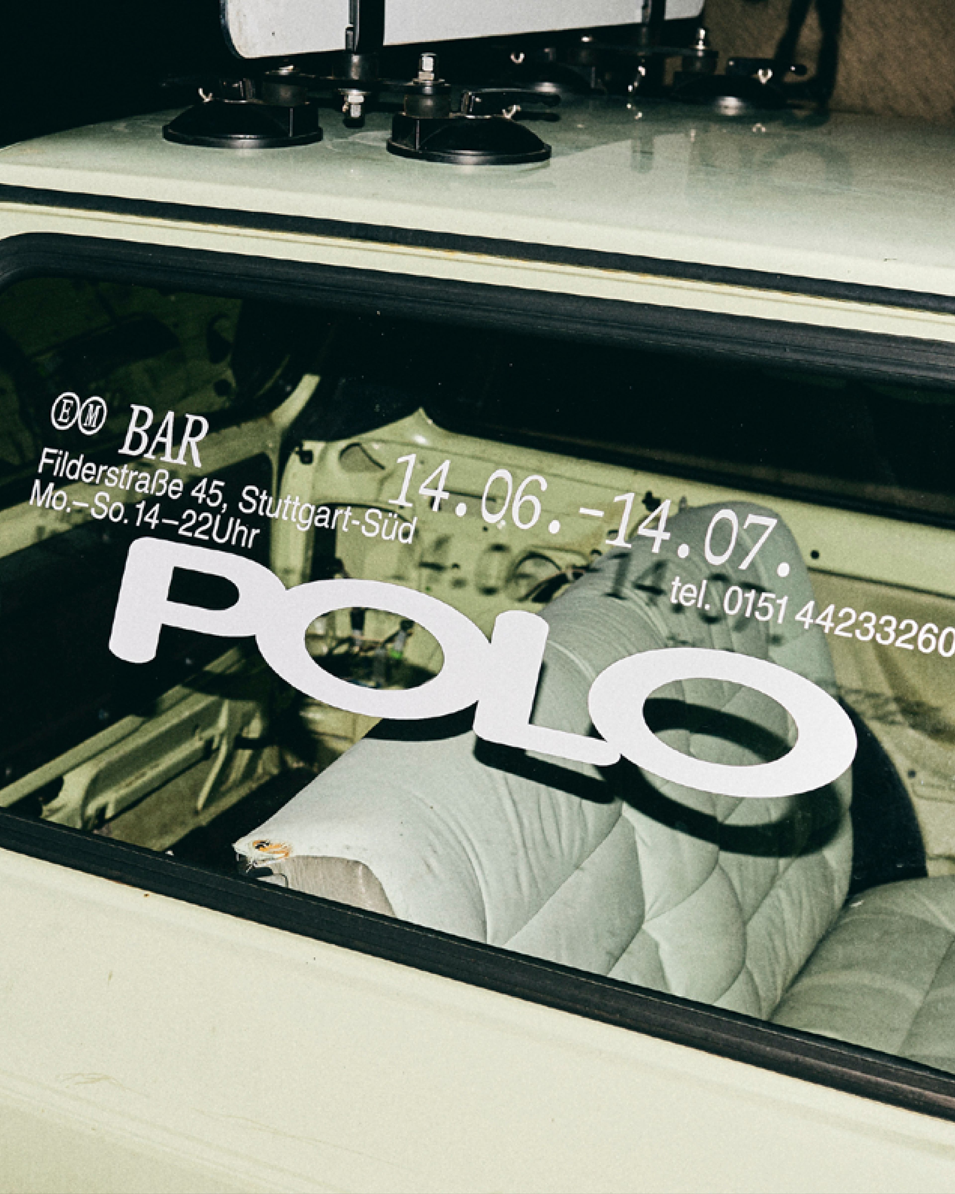 Visual identity for Polo Bar by Seasonal Fruit. Plotted foil on car window
