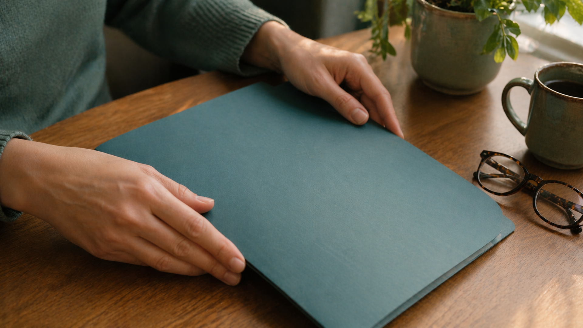 A school psychologist's hands gently closing a plain teal file folder on a warm wood desk, suggesting confidentiality and care.