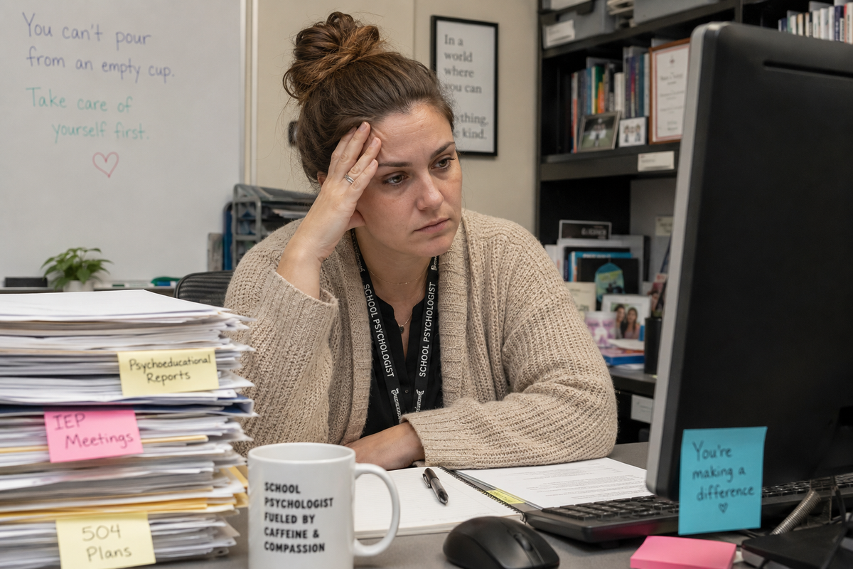 Stack of evaluation reports on a school psychologist’s desk.