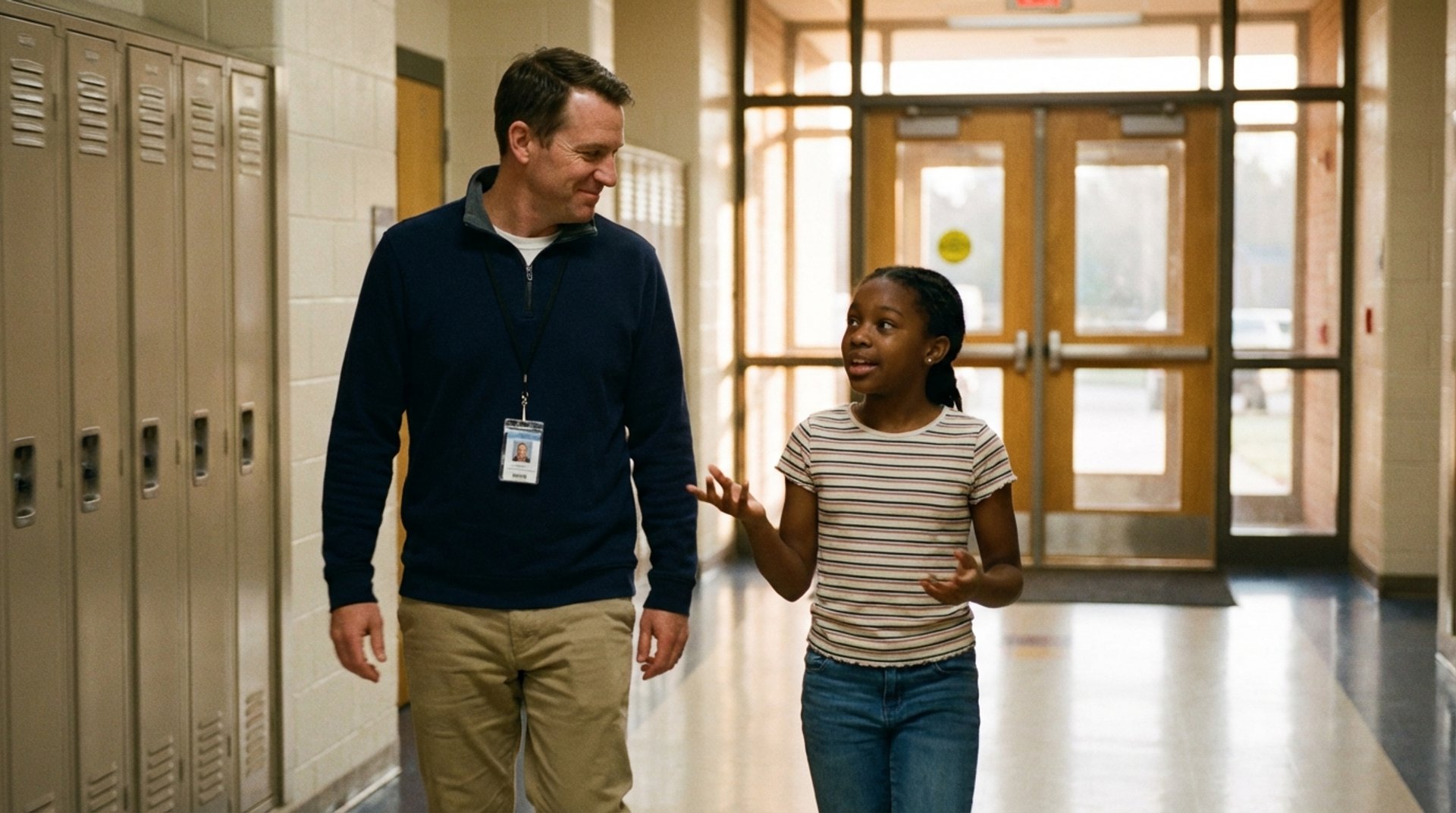 School psychologist walking with a student in a school hallway