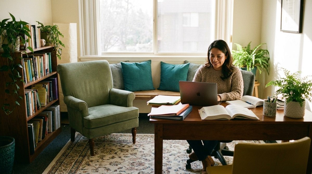 Clinician working on a laptop in a warm, plant-filled private-practice office