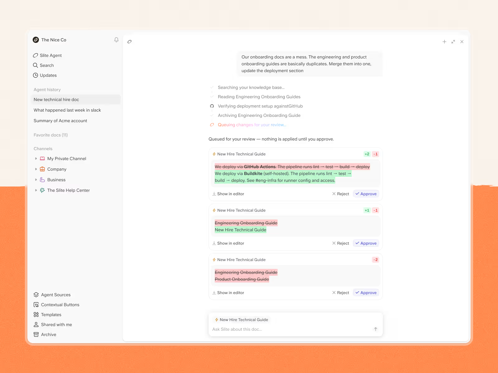 Slite agent detecting drift in SSOT and proposing updates