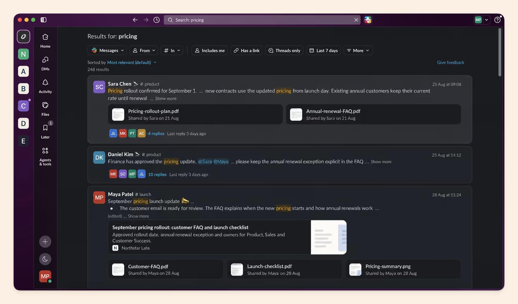 Slack search results for "pricing", with the filter bar showing From, In, Has a link, Threads only and date filters