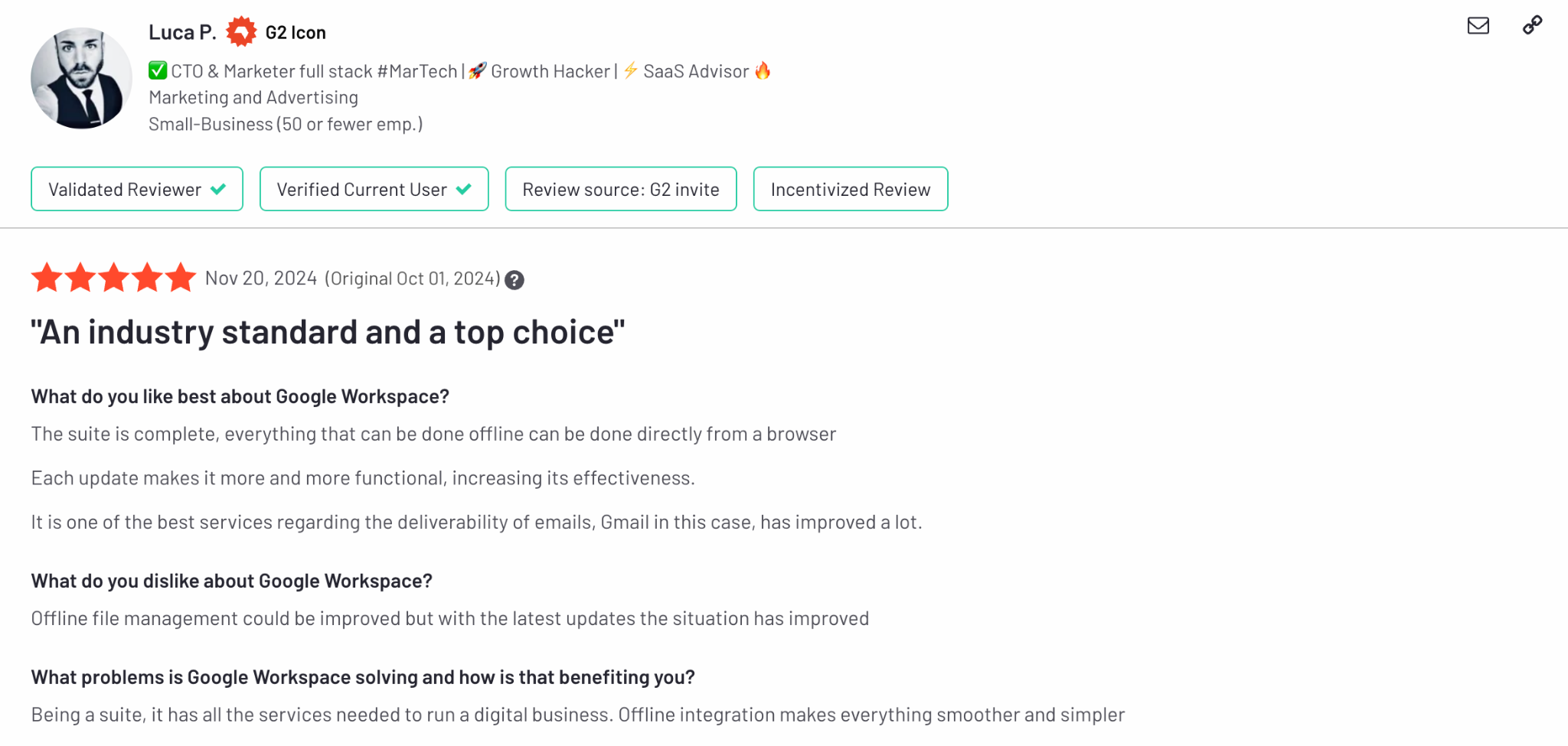 Google workplace’s review on G2