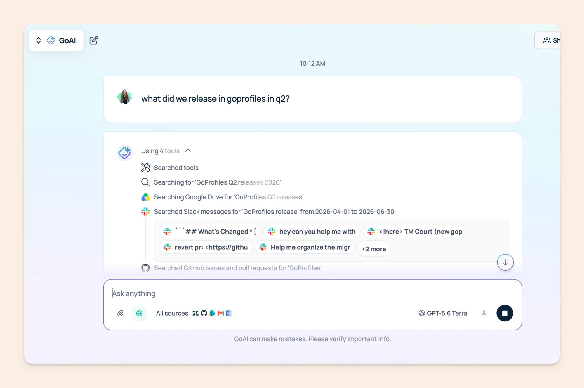 GoSearch GoAI answering a question across Slack, Google Drive and GitHub