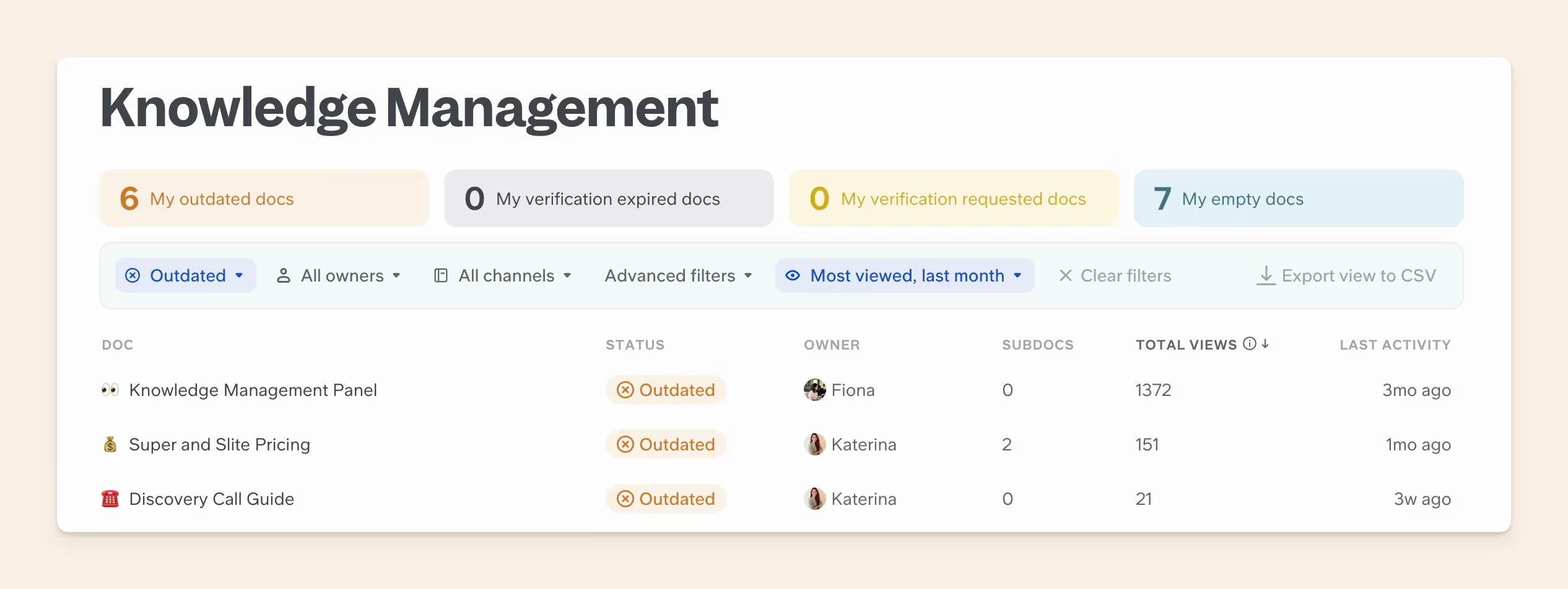 Outdated status in the knowledge management panel
