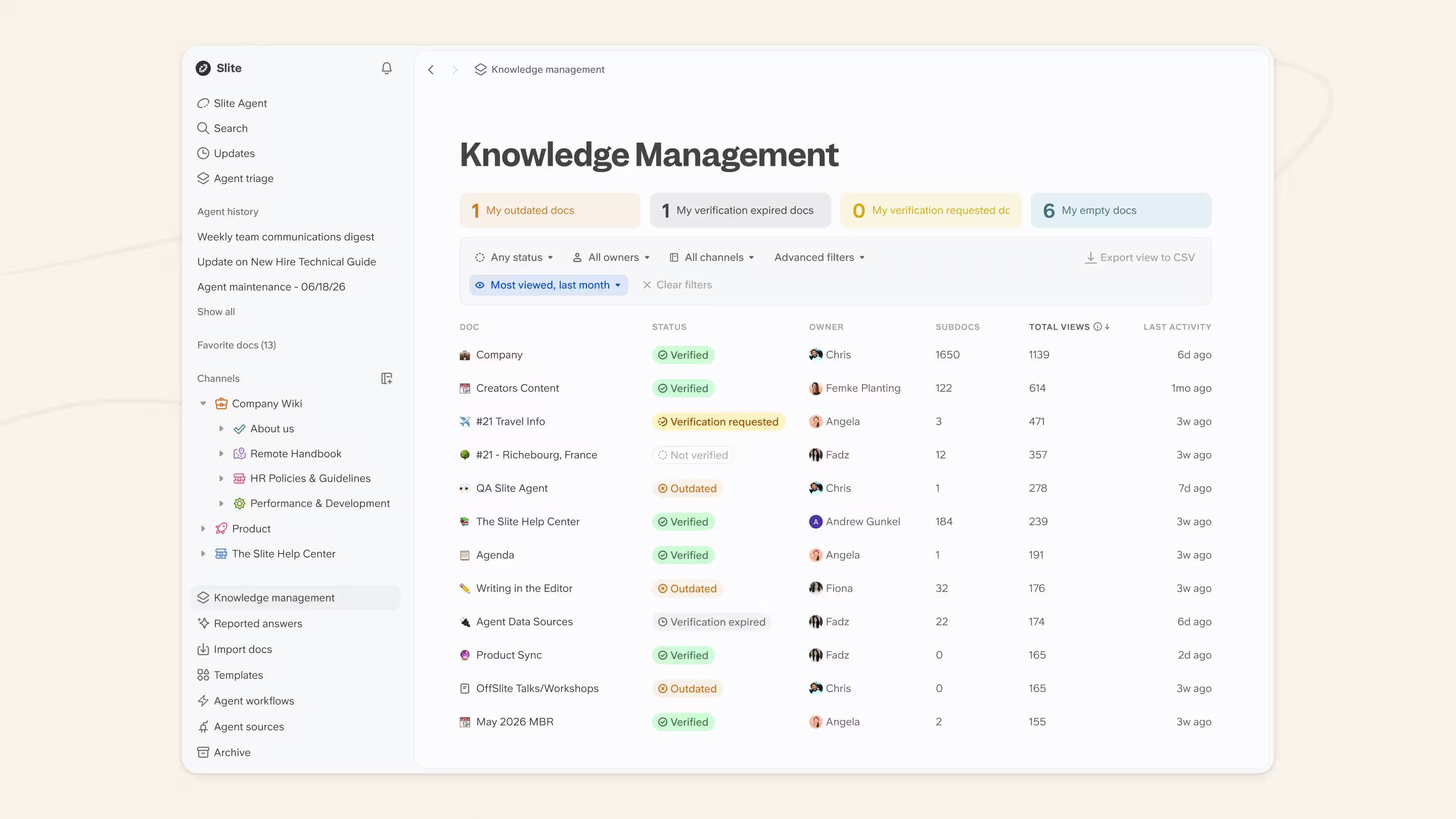 Slite knowledge management dashboard showing doc verification status