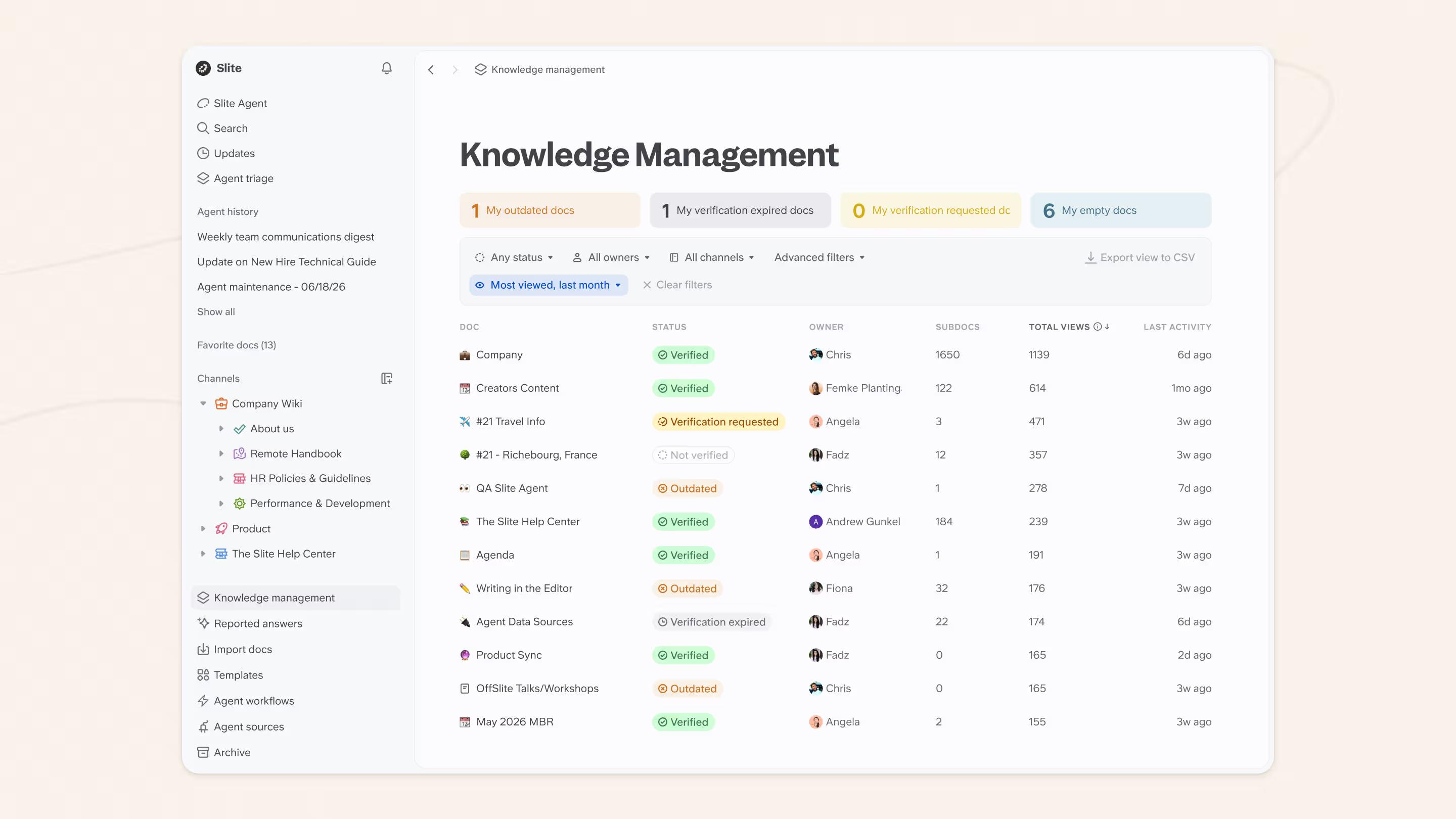 Knowledge management panel in Slite