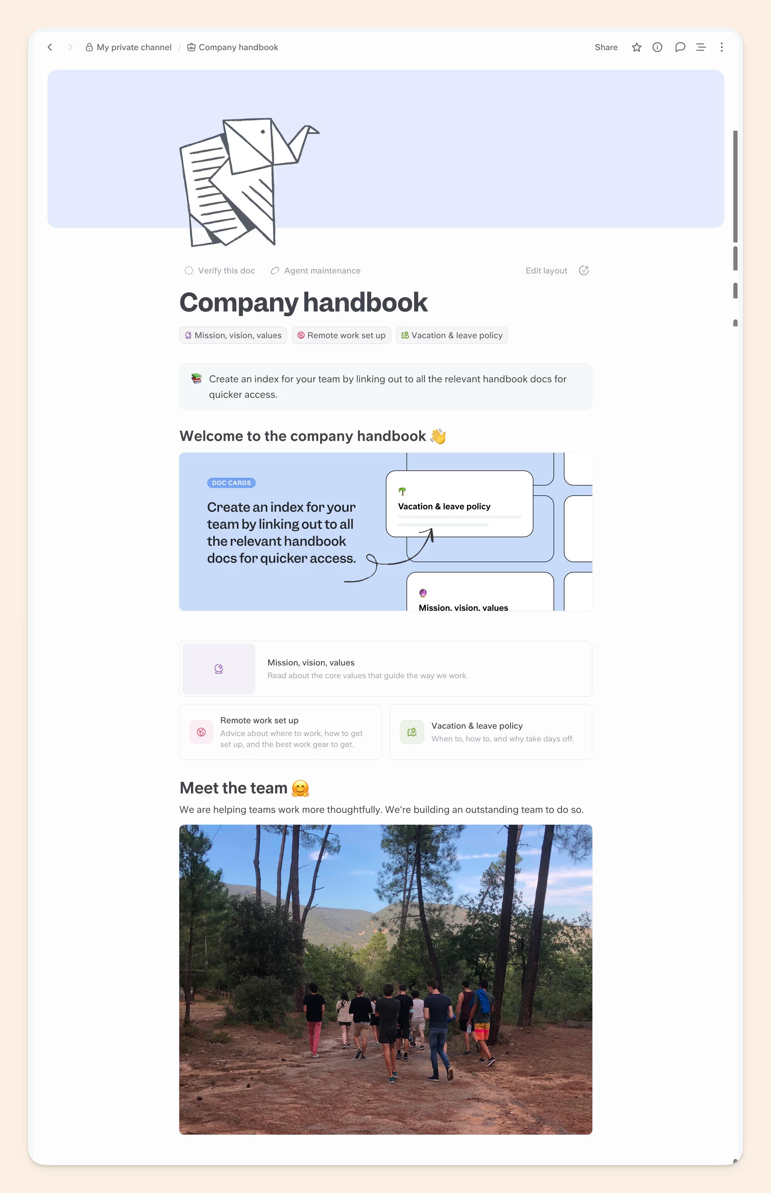 Employee handbook template in Slite
