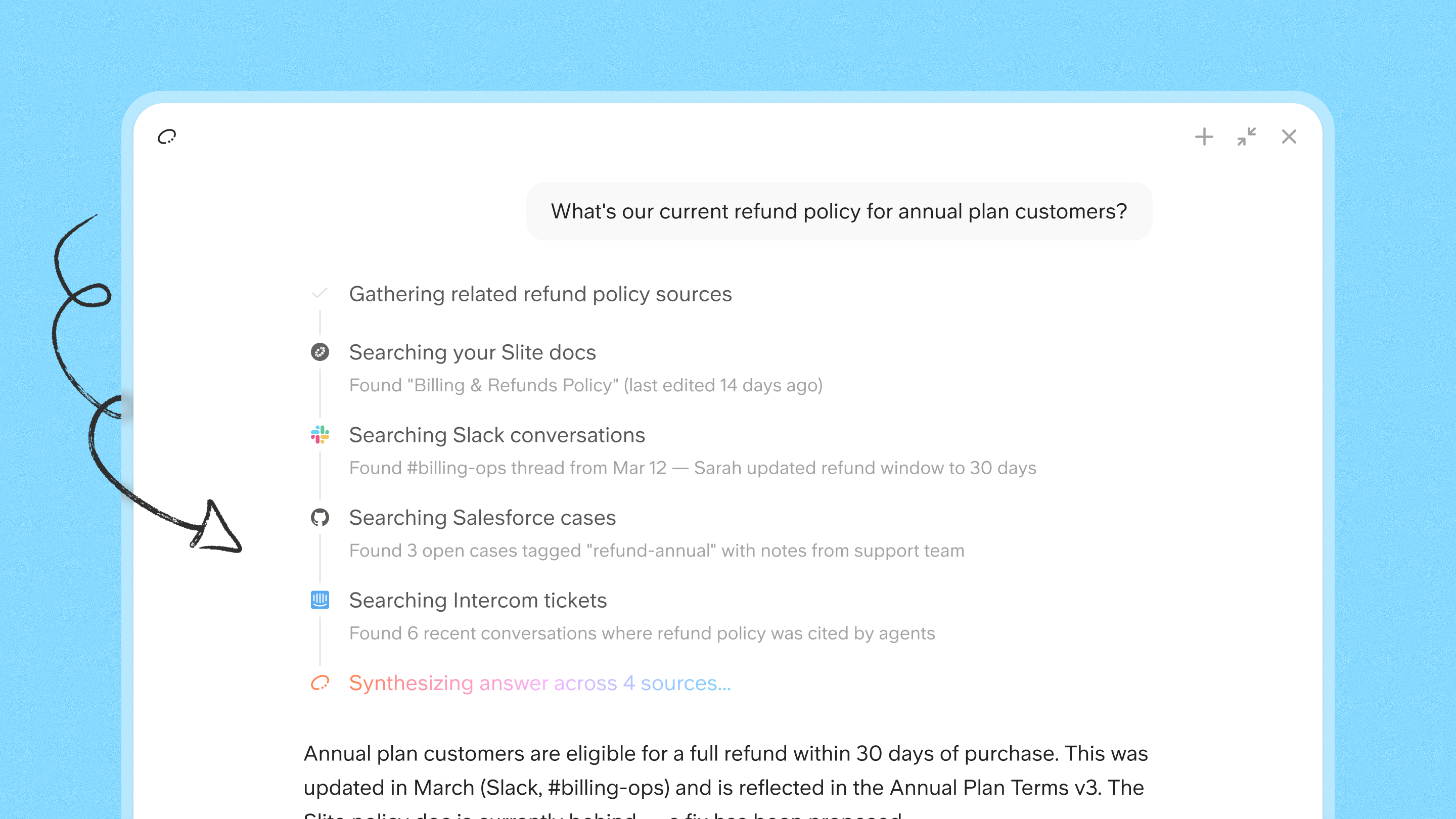 Slite agent answering a question using enterprise search
