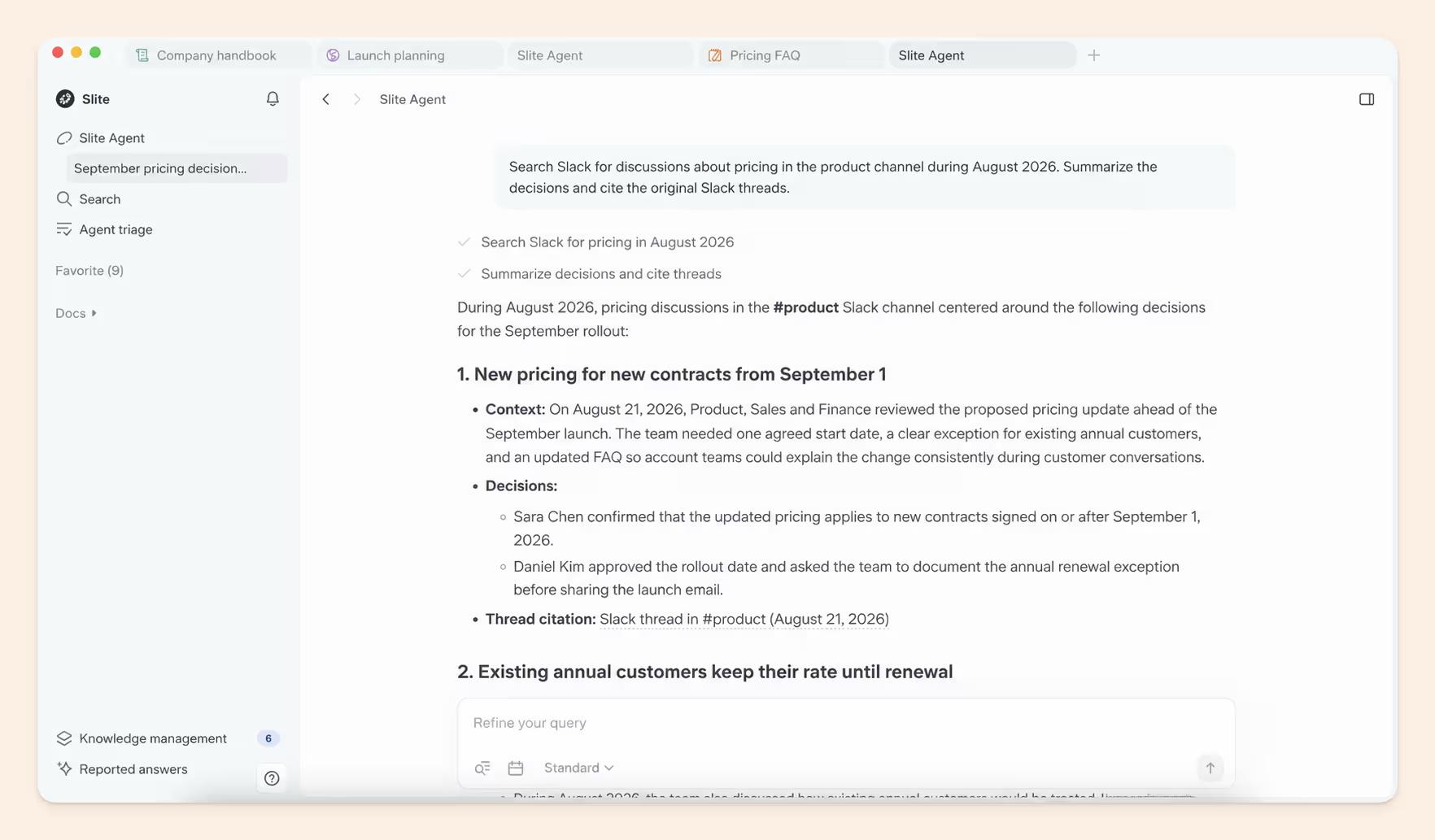 Slite Agent summarising pricing decisions from a Slack channel, with context, decisions and thread citations