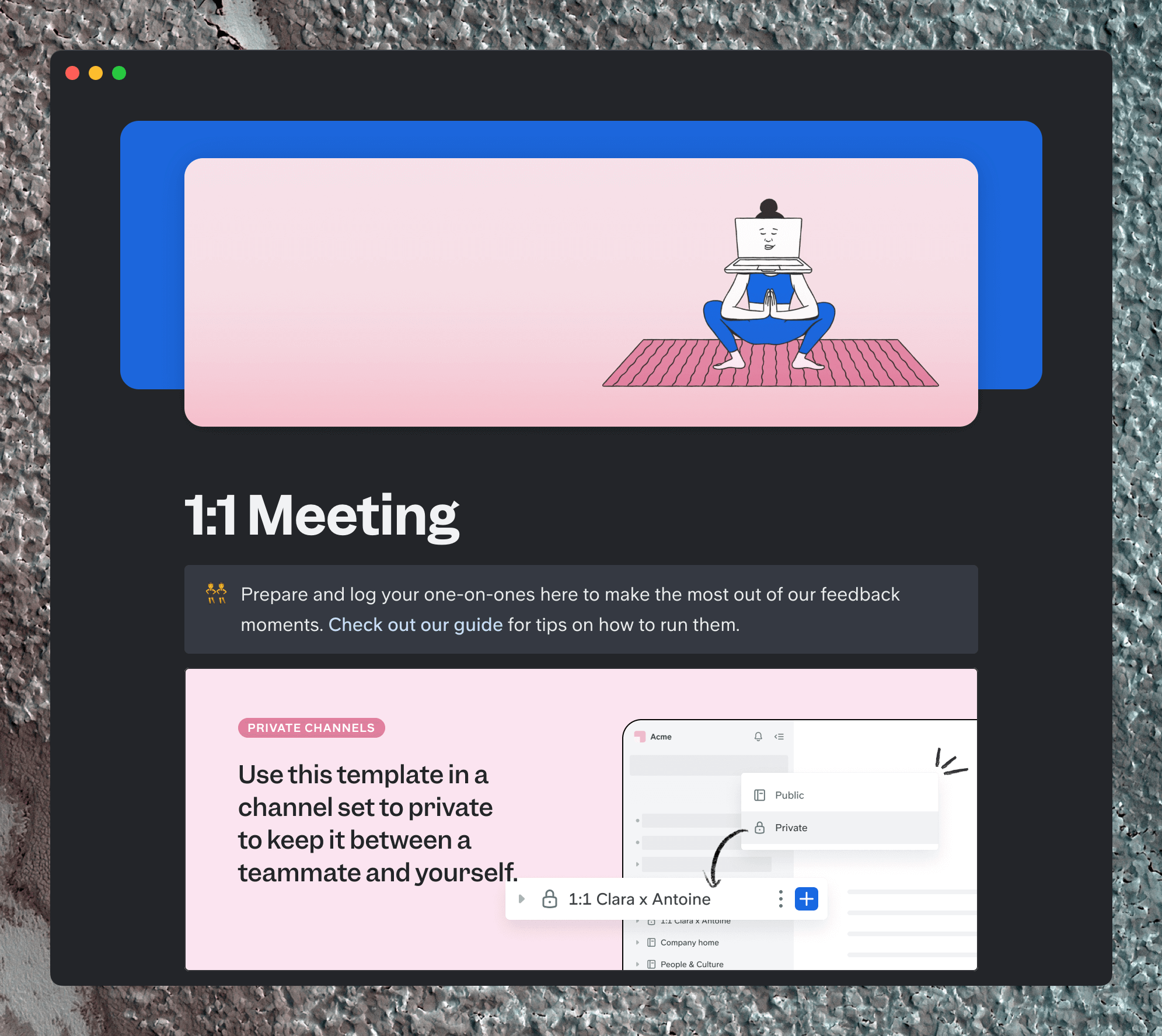 Slite meeting template with an illustration and organizational tips