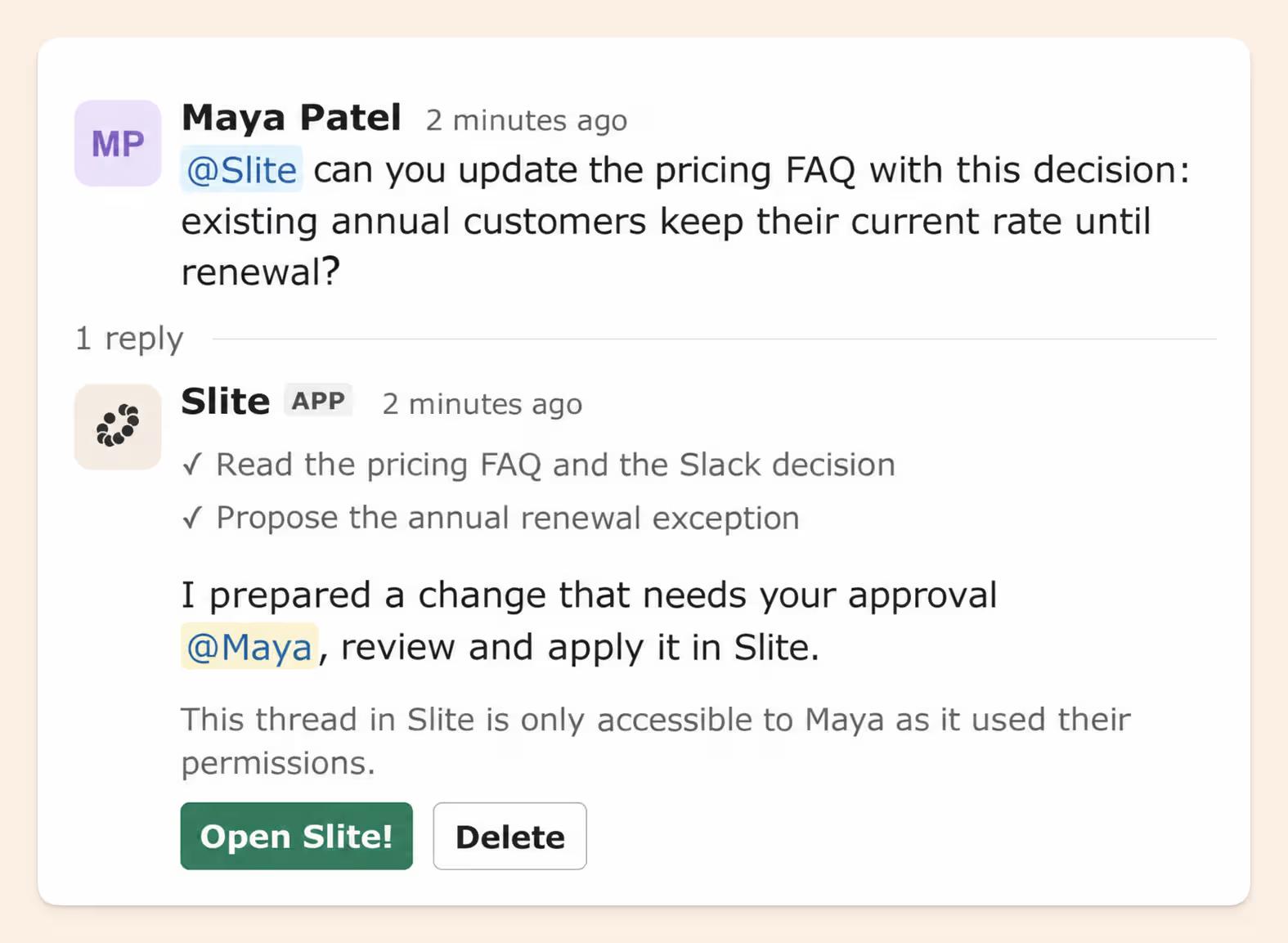 A Slack thread where a user asks @Slite to update the pricing FAQ, and Slite prepares a change for their approval
