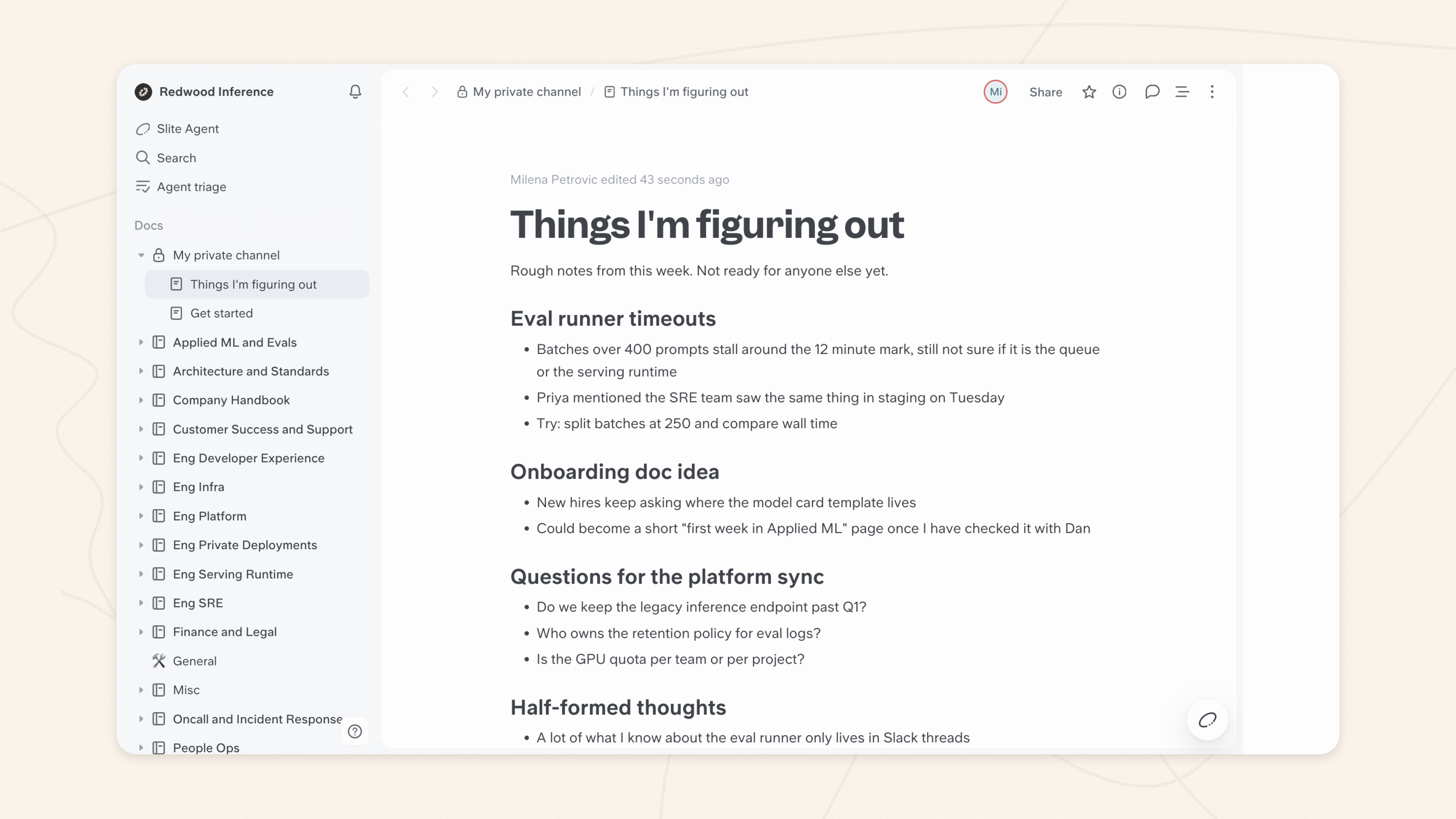 Slite sidebar with a private channel next to team channels and a personal notes doc open