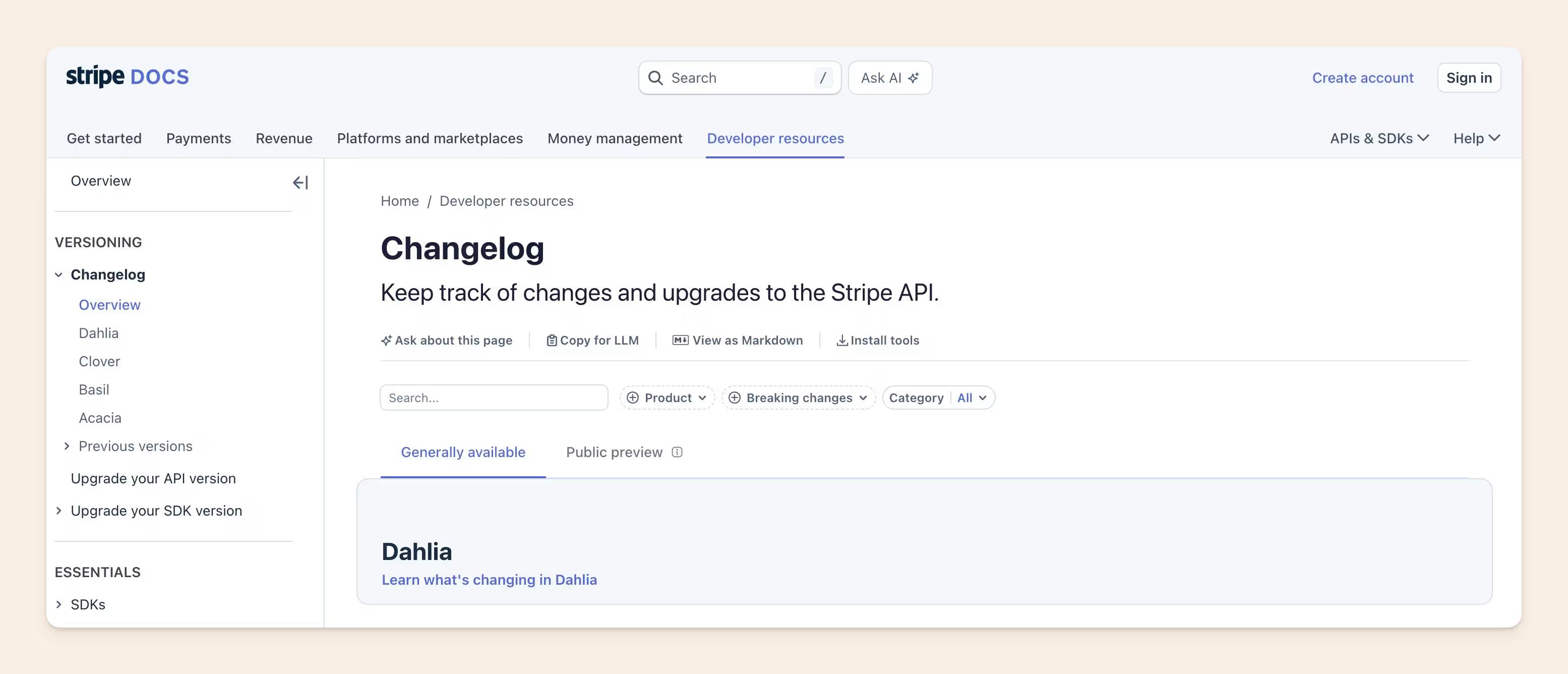 Stripe docs changelog
