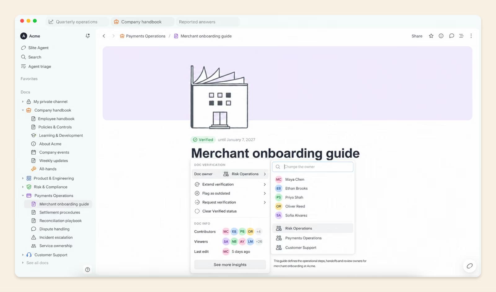 Slite doc owner menu with the Risk Operations team selected as the owner of a merchant onboarding guide.
