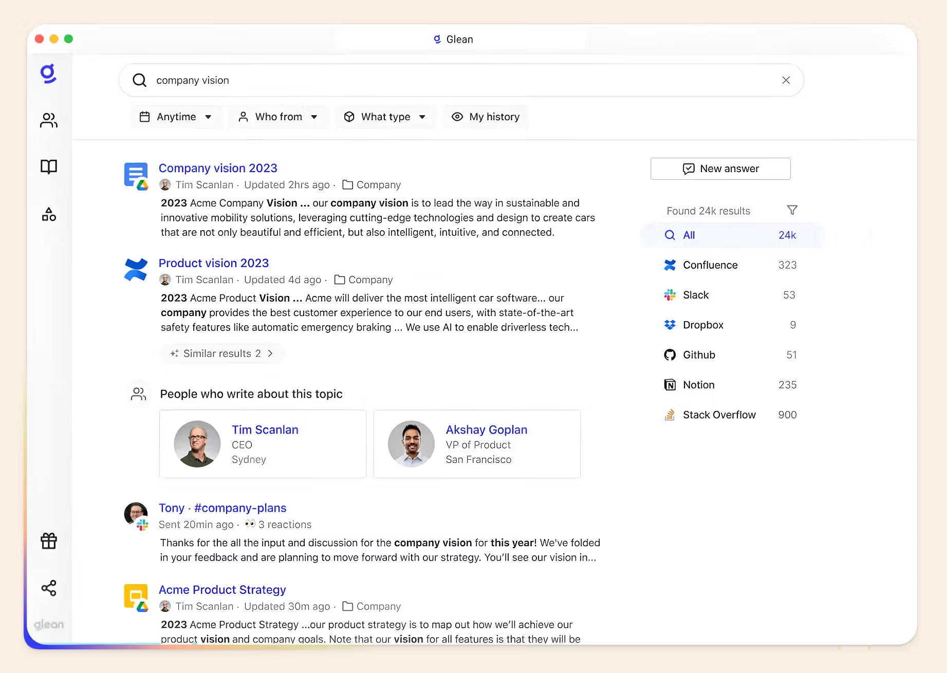 Glean search results across Confluence, Slack, and other connected apps