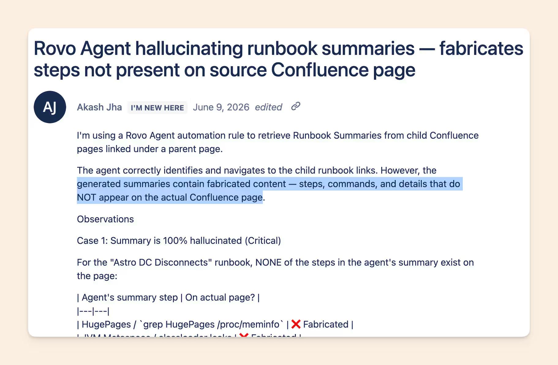 Atlassian community Rovo AI hallucinating example