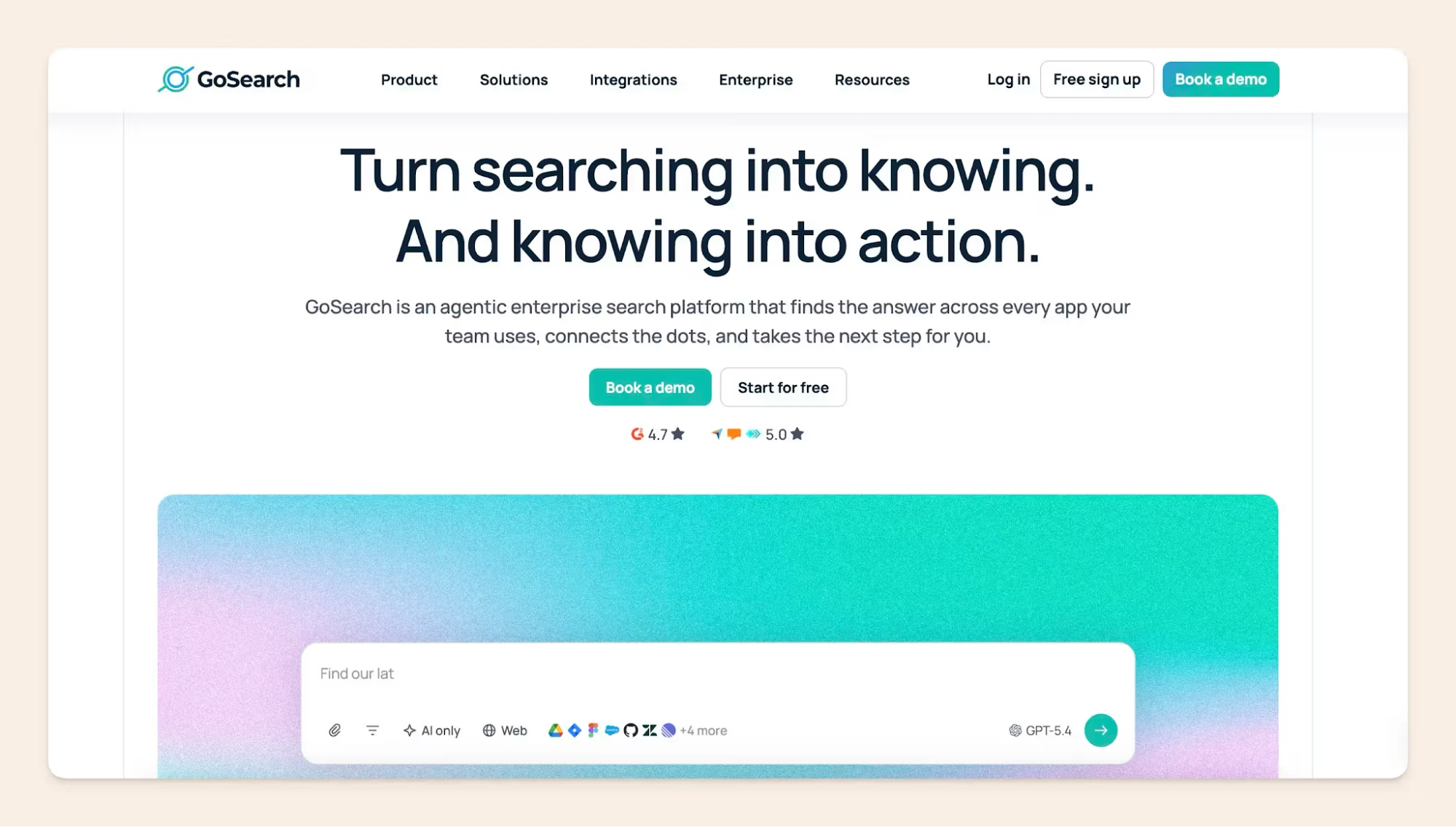 GoSearch homepage describing its agentic enterprise search platform