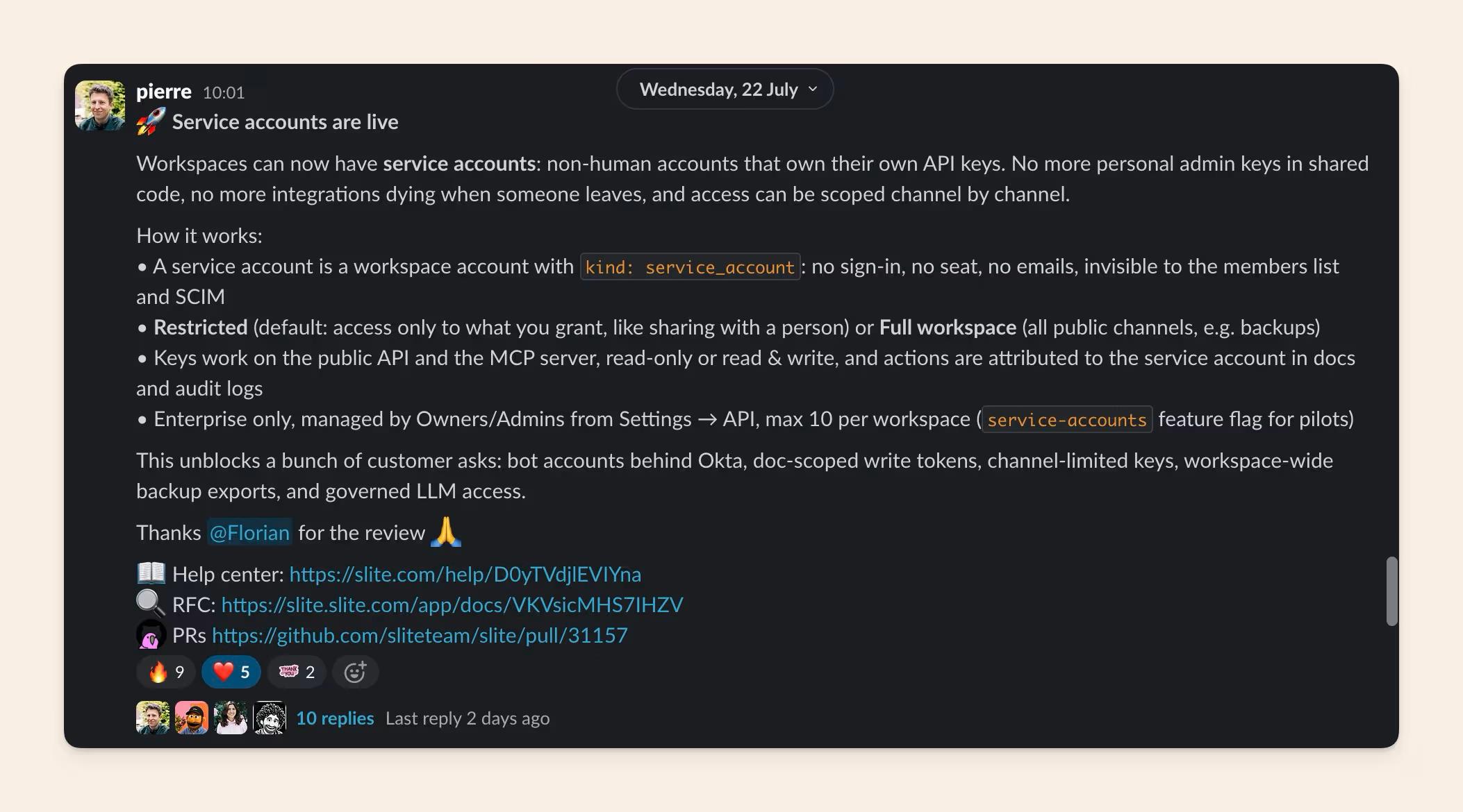Internal release note relating to service accounts by Slite's CTO
