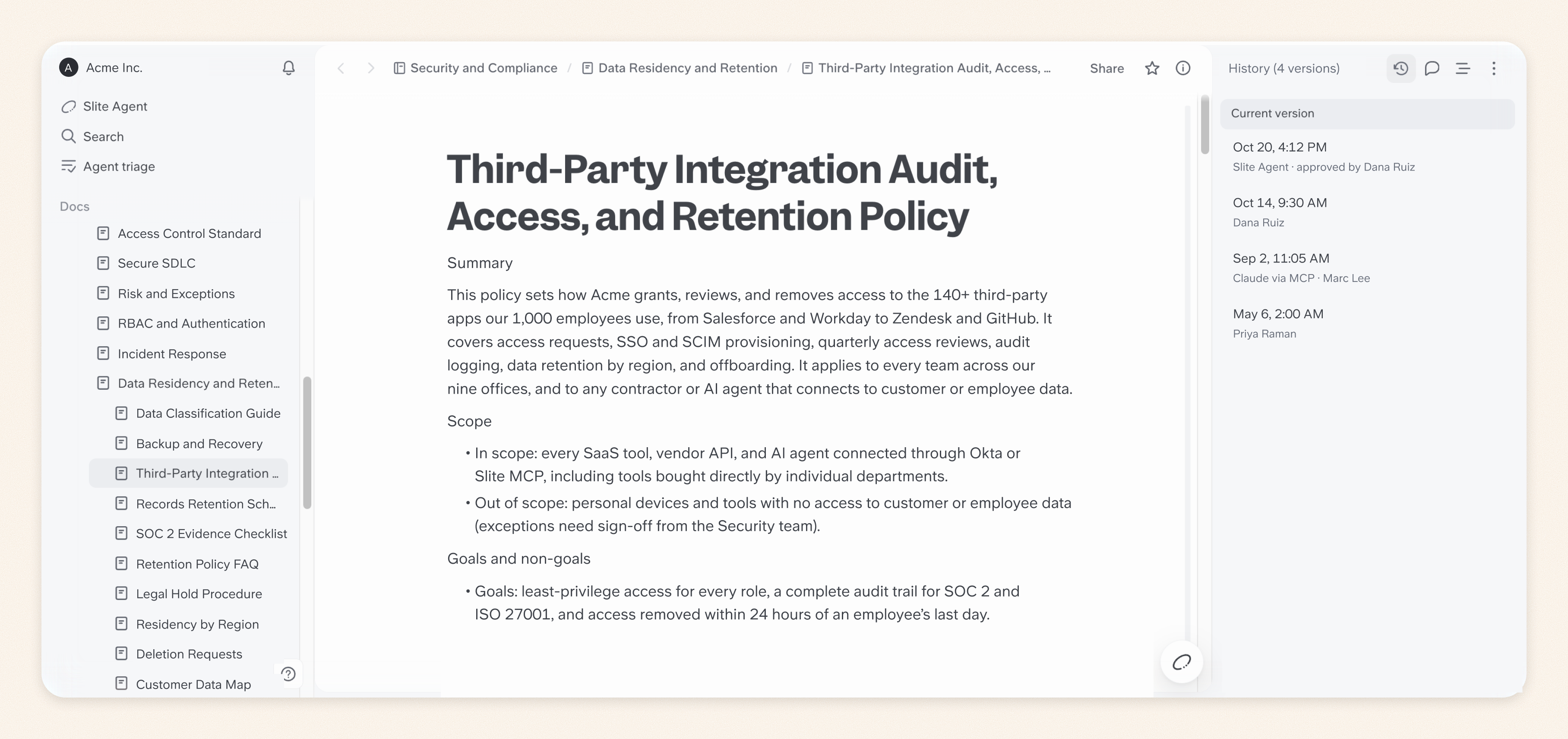 Slite document history for a security policy, showing versions edited by a person, by Slite Agent after approval, and by an AI client through MCP