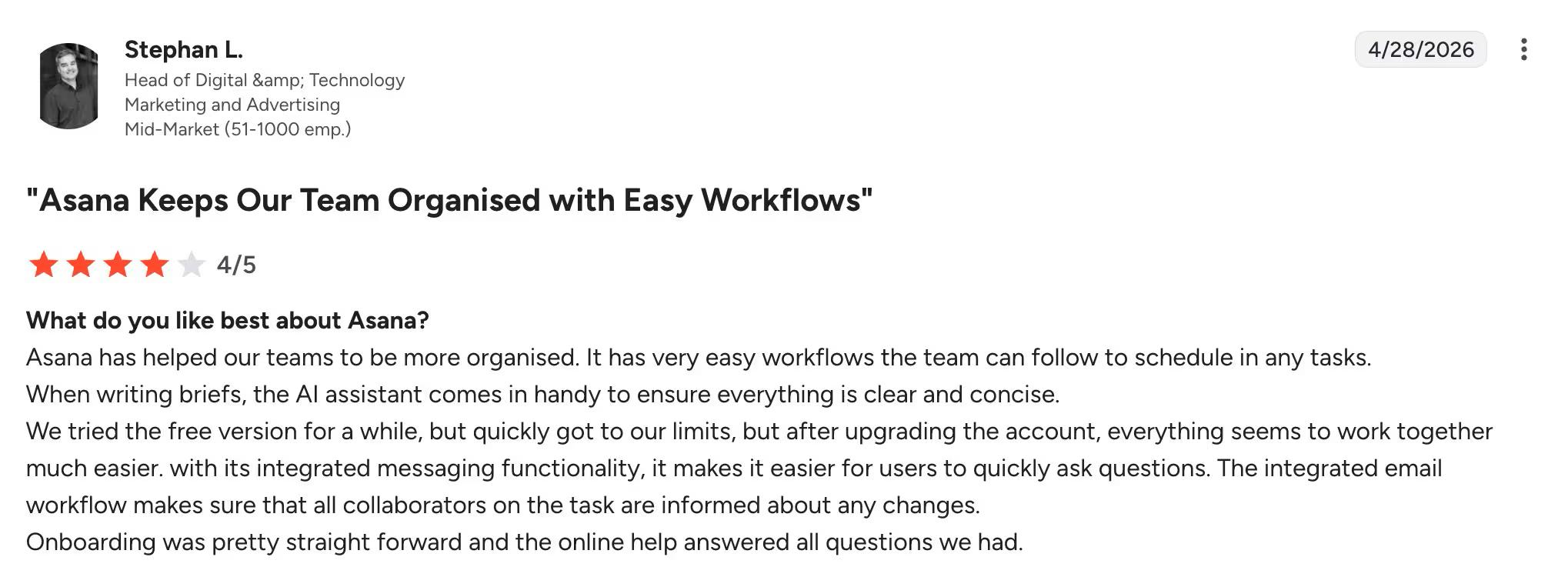Asana user ratings and reviews summary