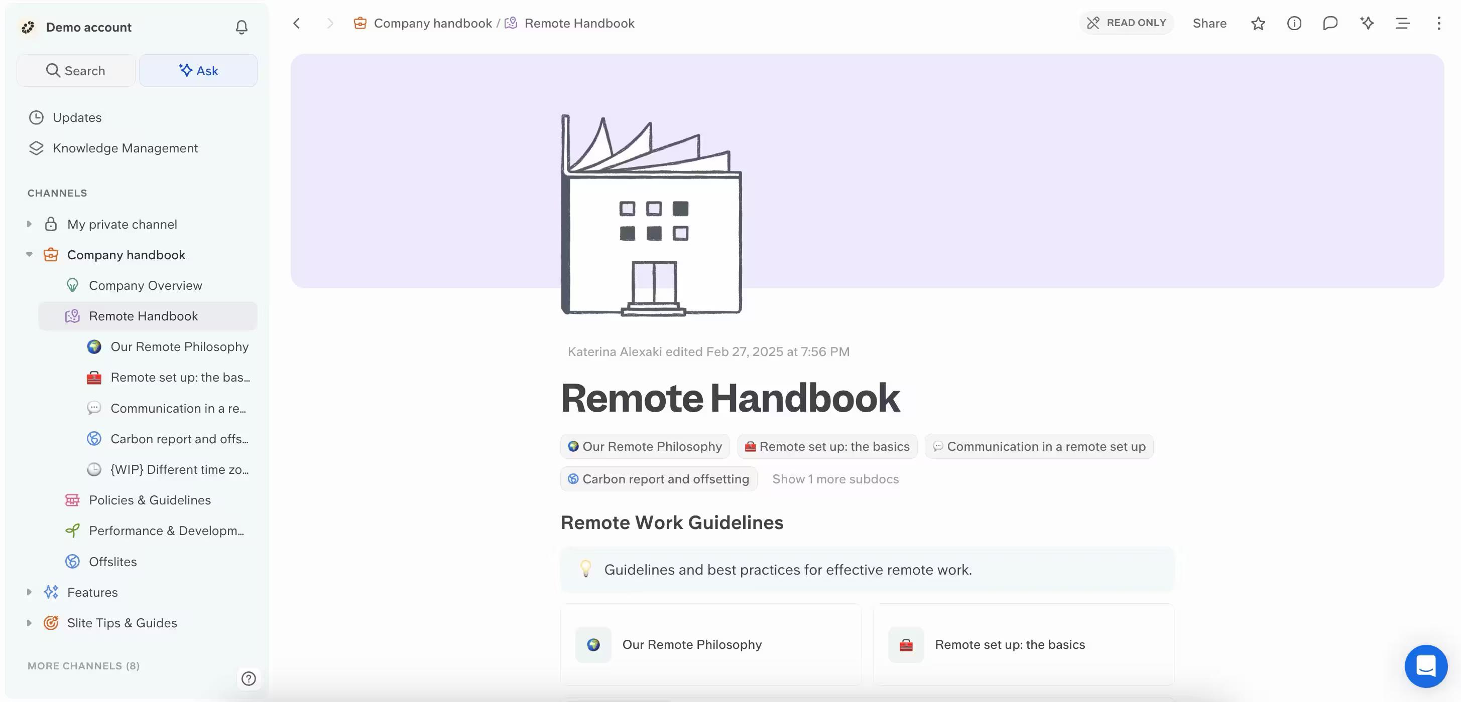 Example Remote handbook company wiki from Slite