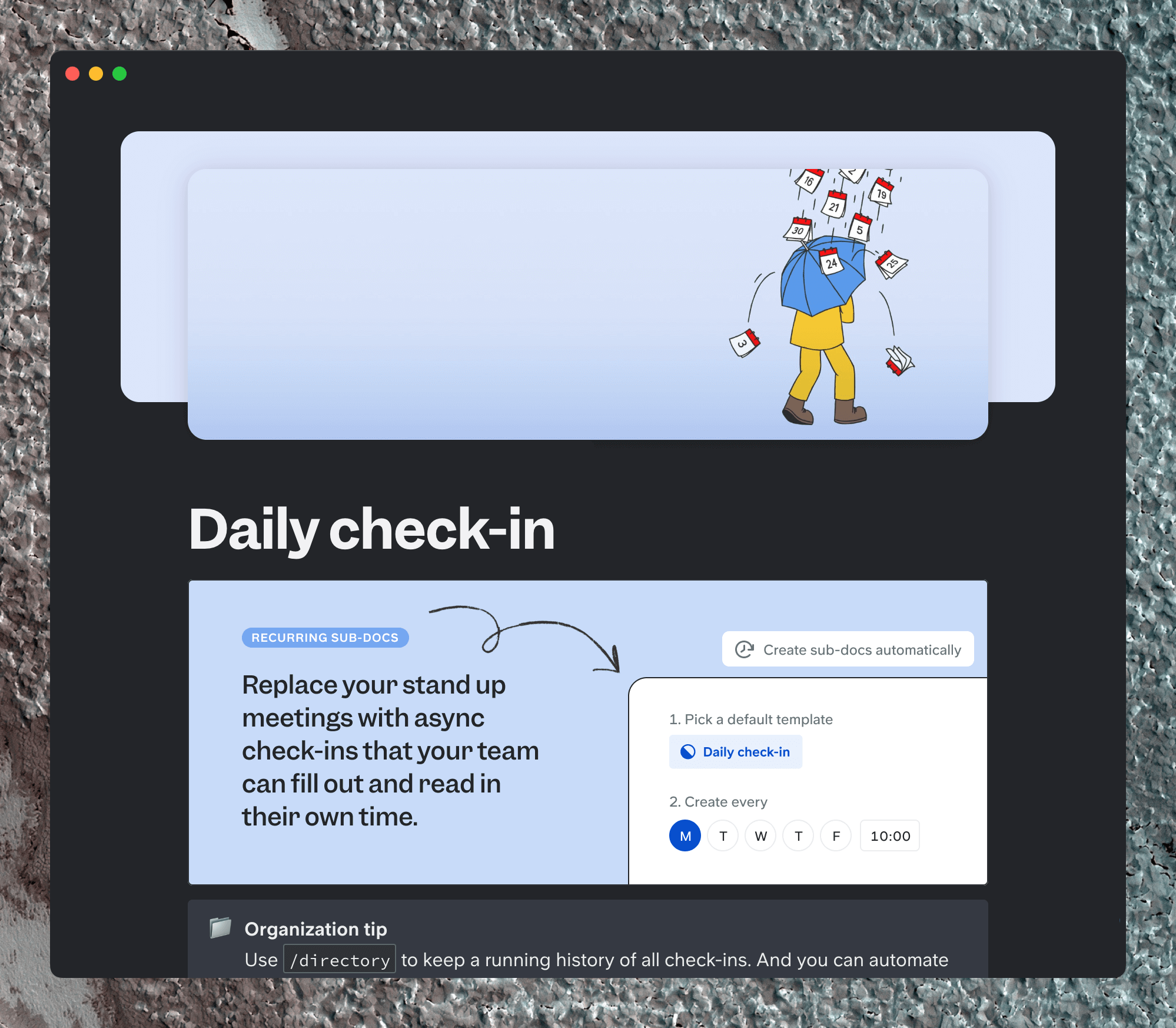 Slite daily check in template with an illustration and organizational tips