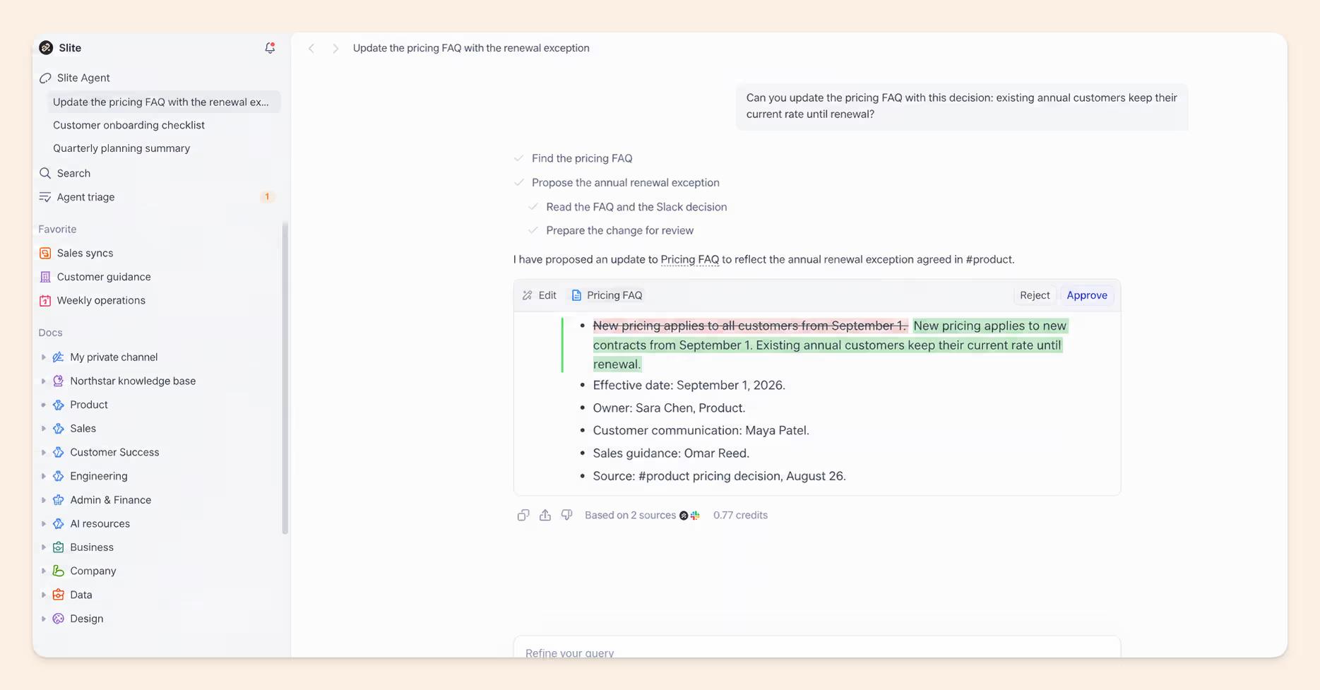 Slite showing a proposed edit to the Pricing FAQ, based on a Slack decision, waiting for review with Approve and Reject buttons