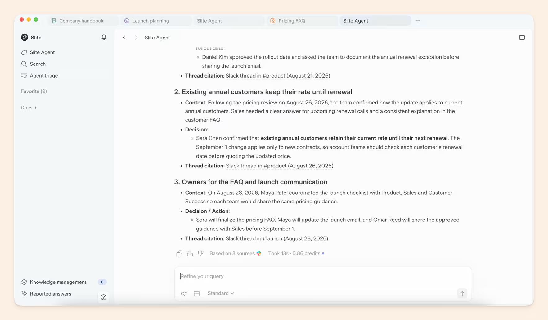 Slite Agent answer continued, listing the pricing decisions and owners, based on 3 Slack sources