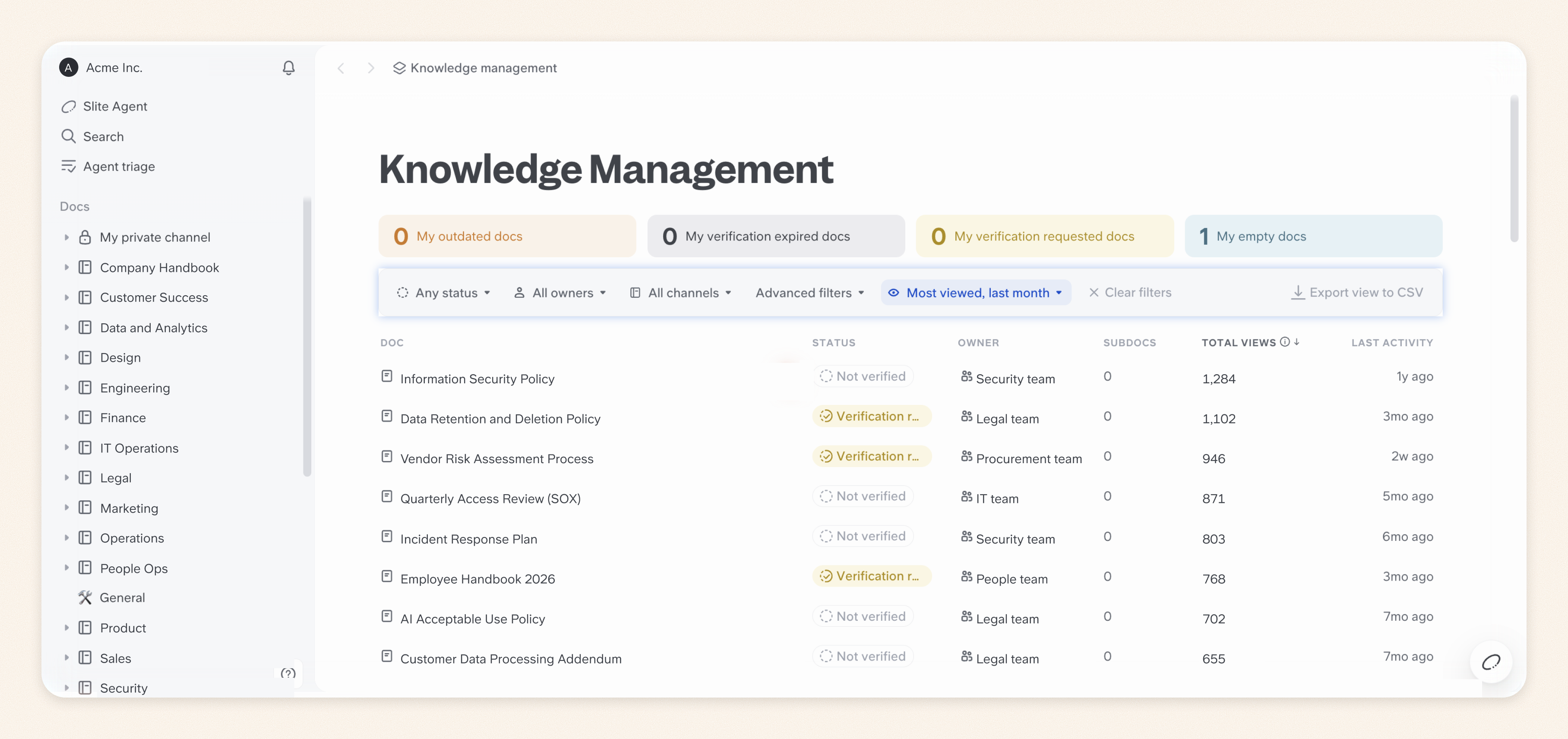 Slite Knowledge Management panel listing company policies with their verification status, owning team, and views