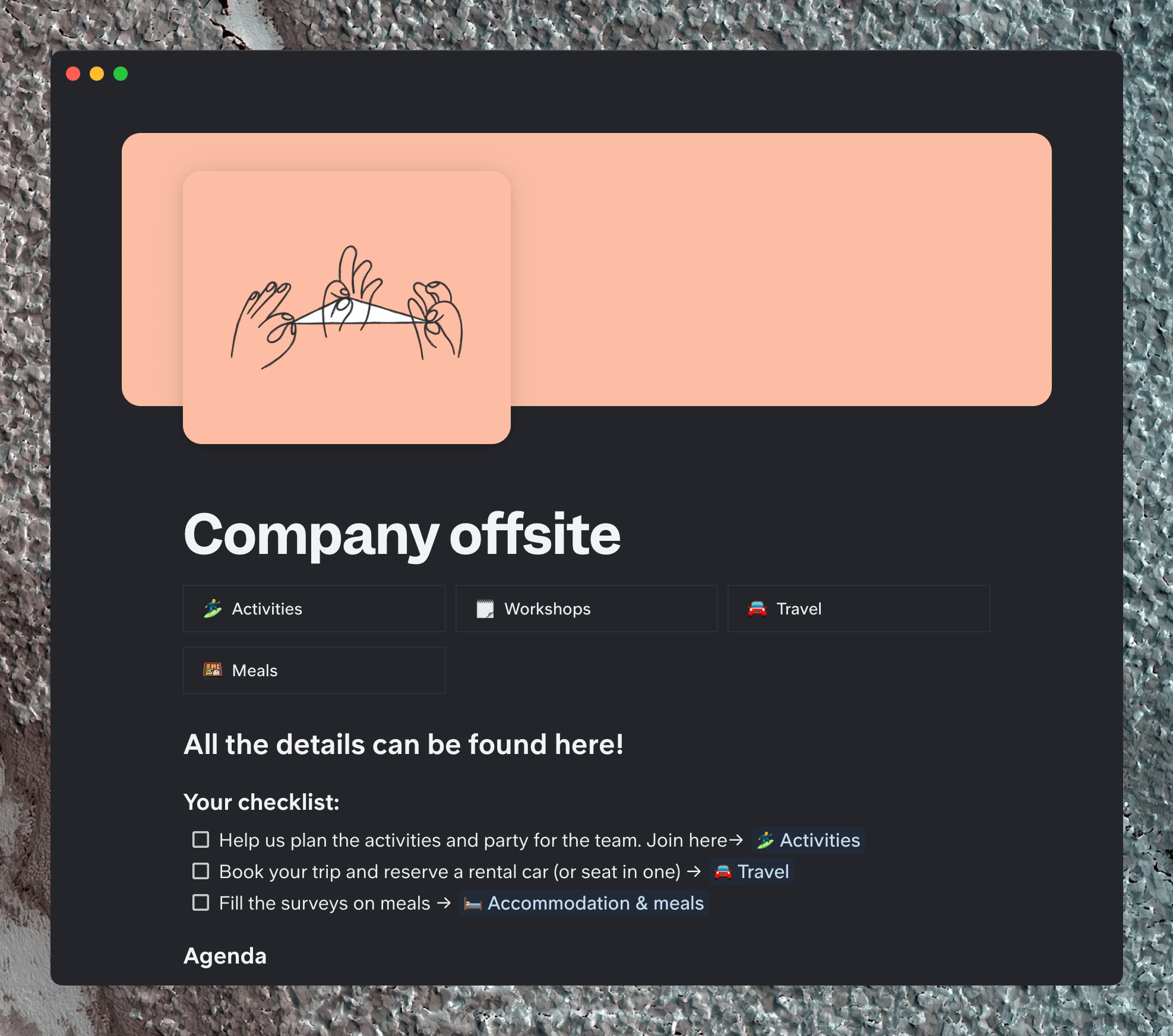 Clickable Slite offsite update template with organizational tips
