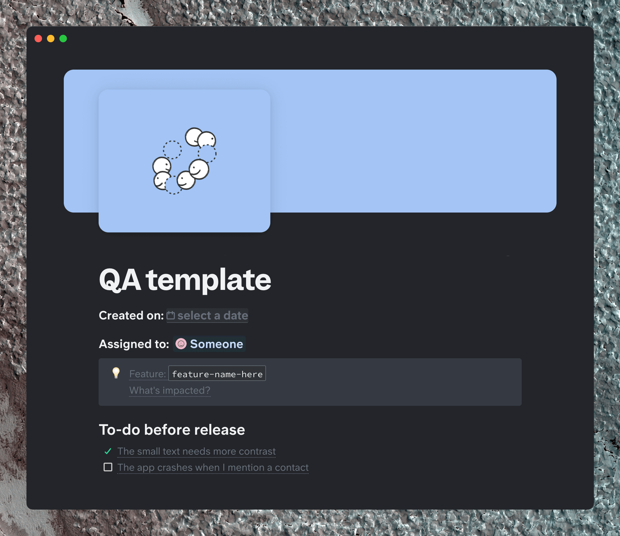 Slite QA template with an illustration and organizational tips