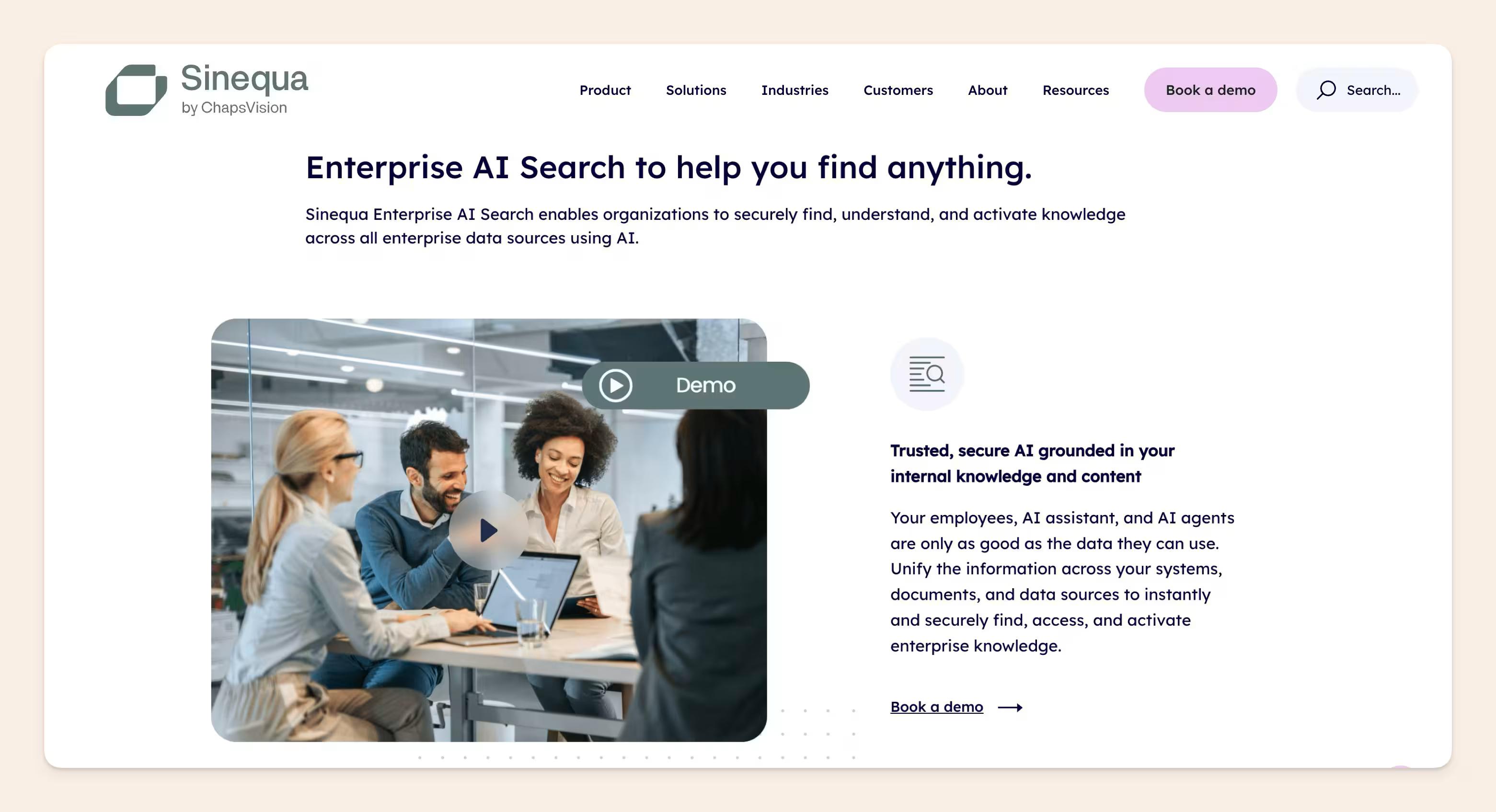Sinequa enterprise AI search landing page screenshot