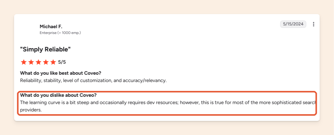 G2 review by Michael F. noting Coveo's steep learning curve