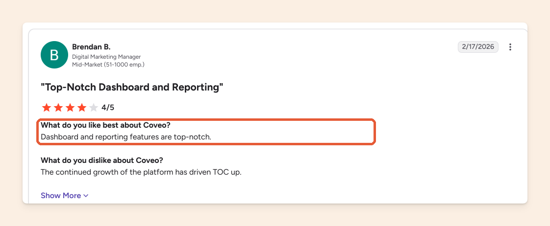 G2 review by Brendan B. praising Coveo's dashboard and reporting