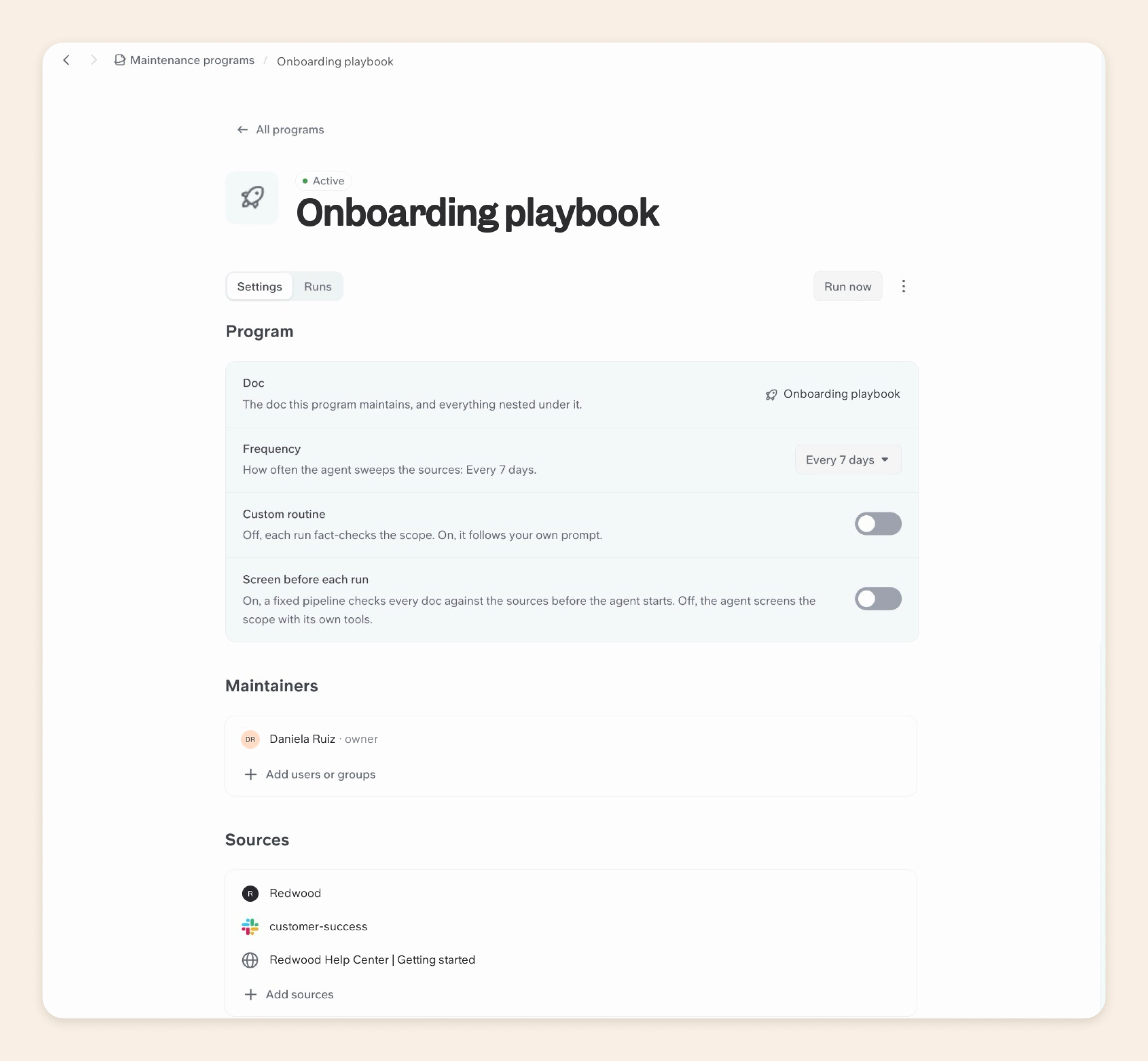 Slite maintenance program settings with maintainers and connected sources