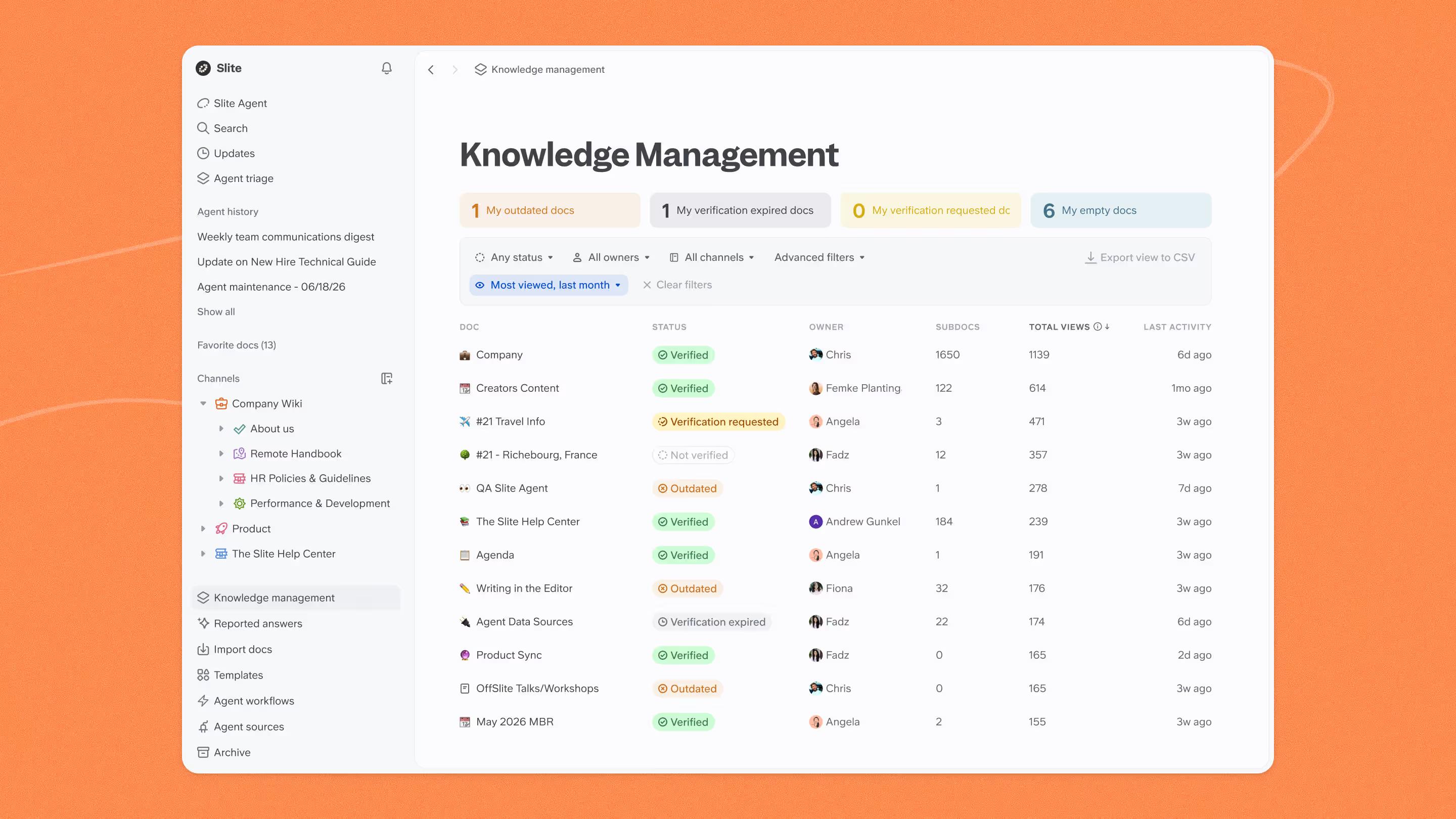 Knowledge management panel in Slite