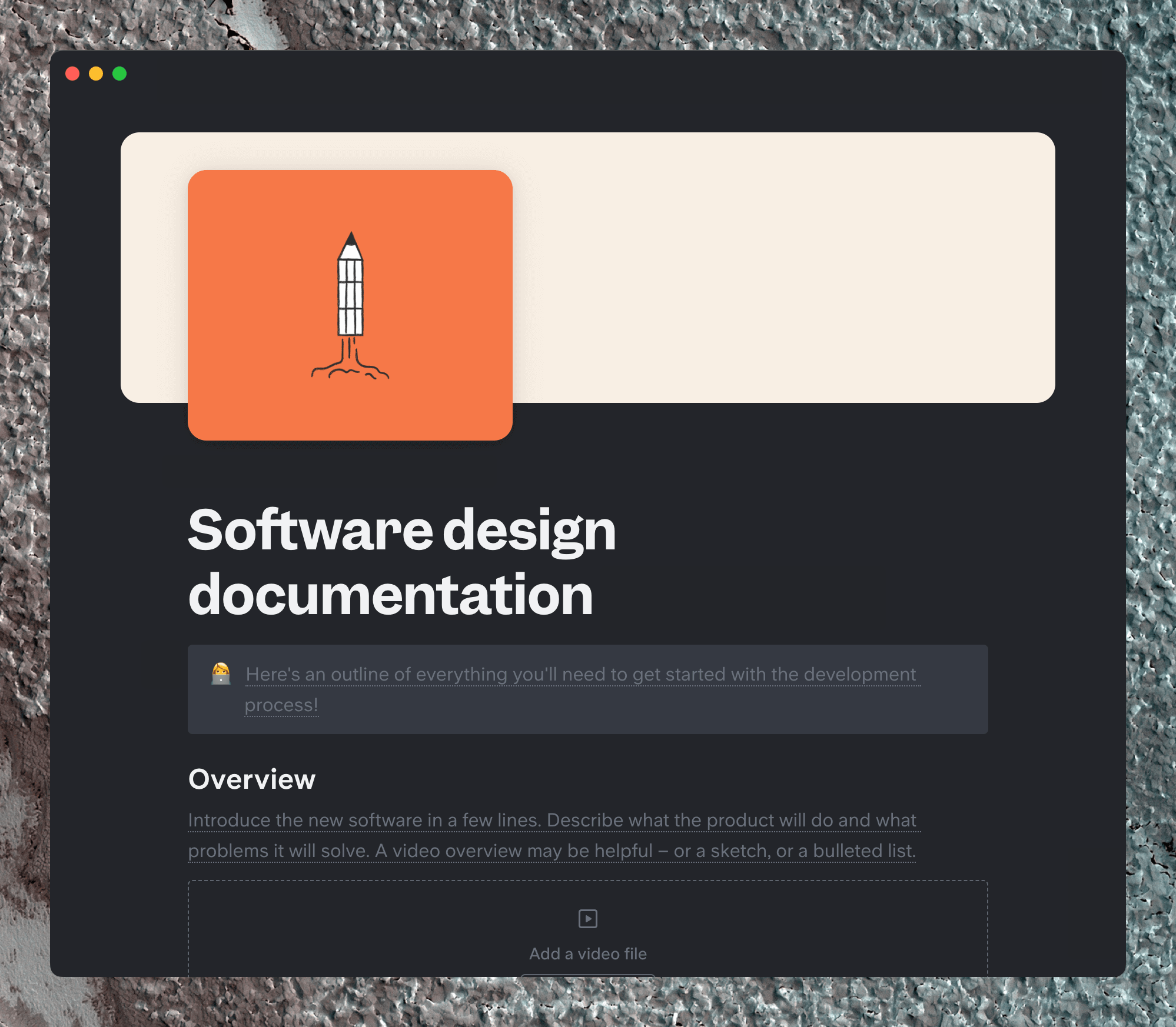 Slite software design specs template with an illustration and organizational tips