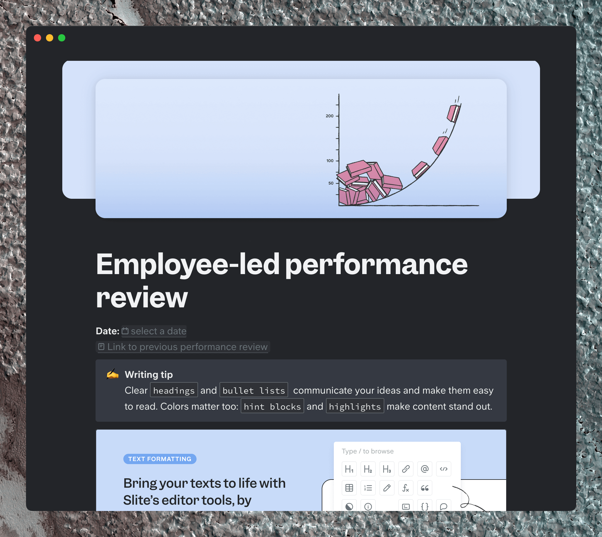 Slite performance review template with an illustration and organizational tips