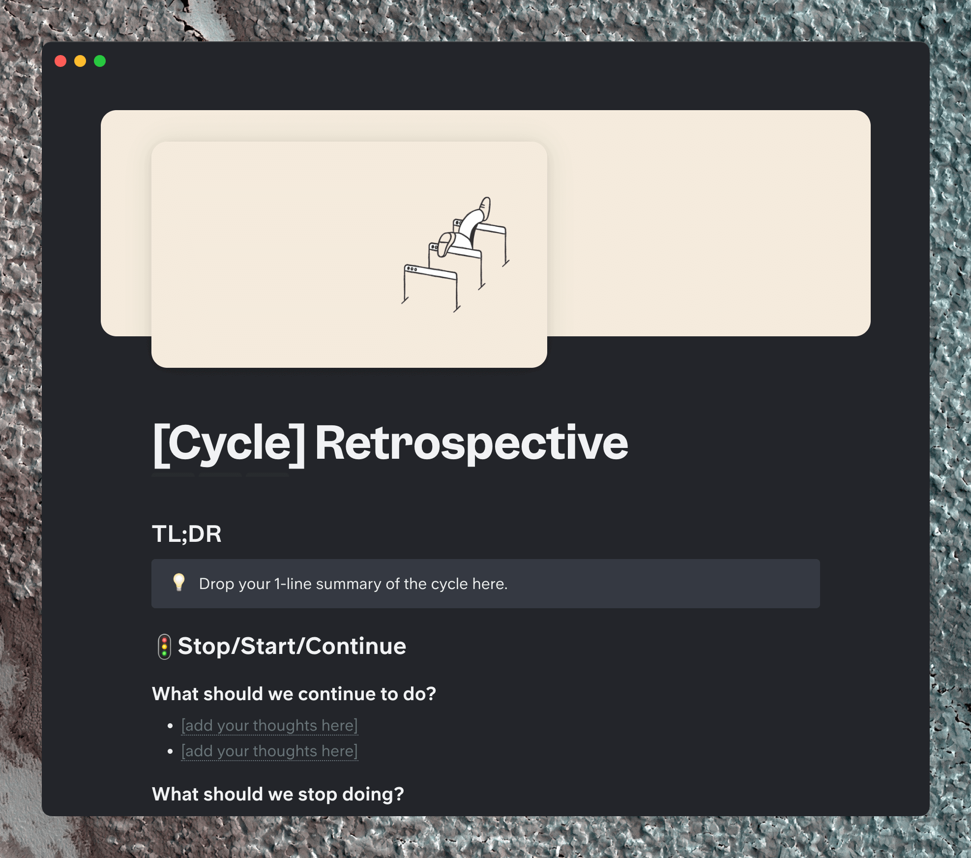 Slite retrospective template with an illustration and organizational tips
