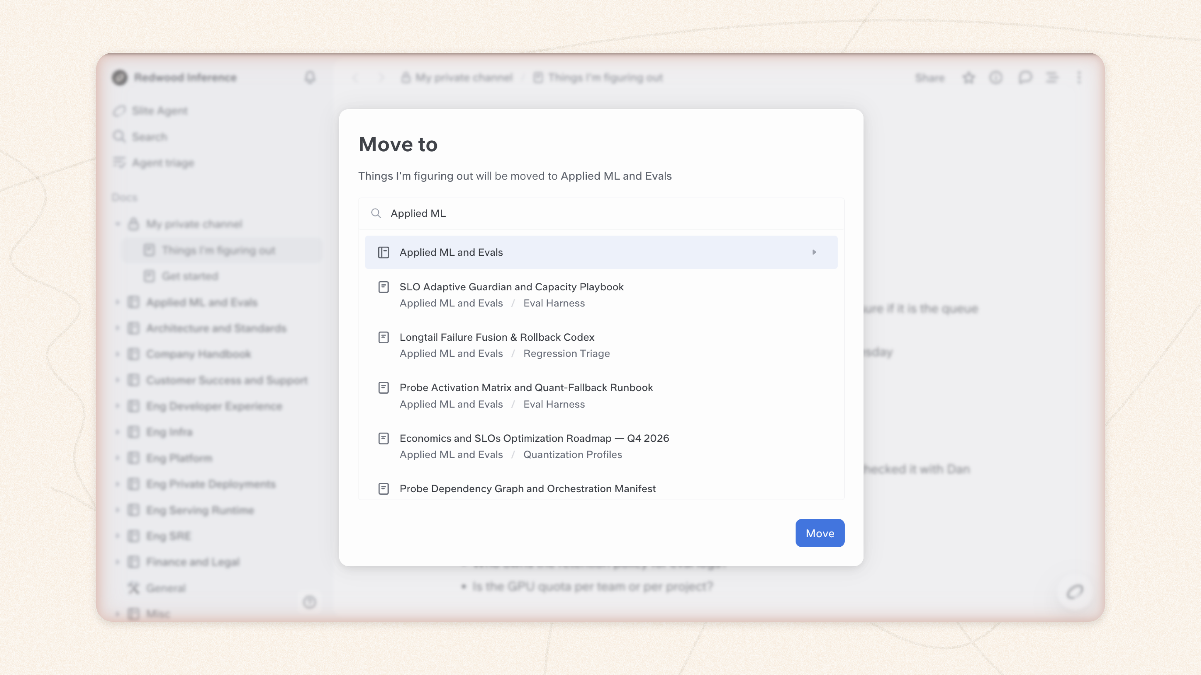 Moving a doc from a private channel into a team channel in Slite