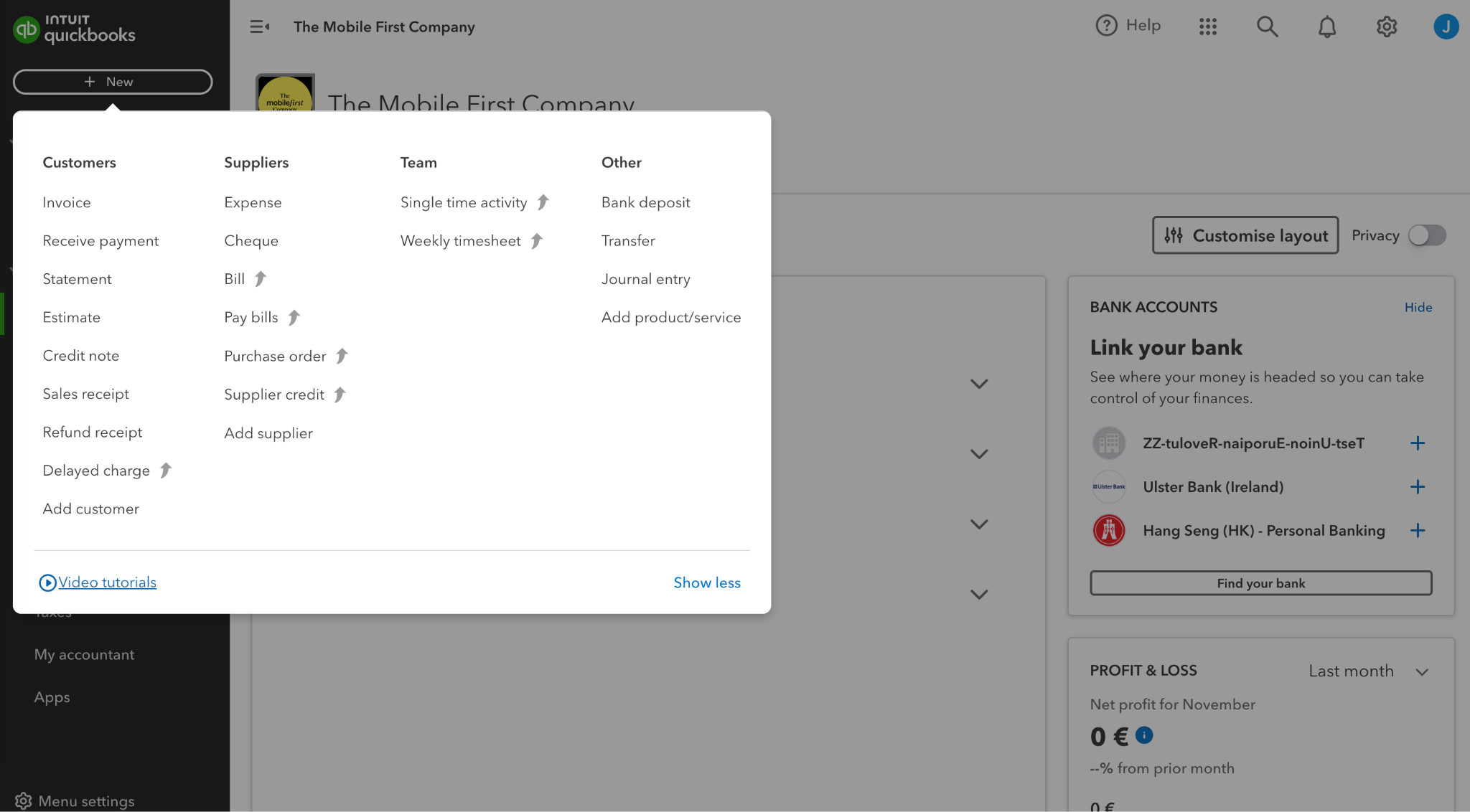 Quickbook’s dashboard