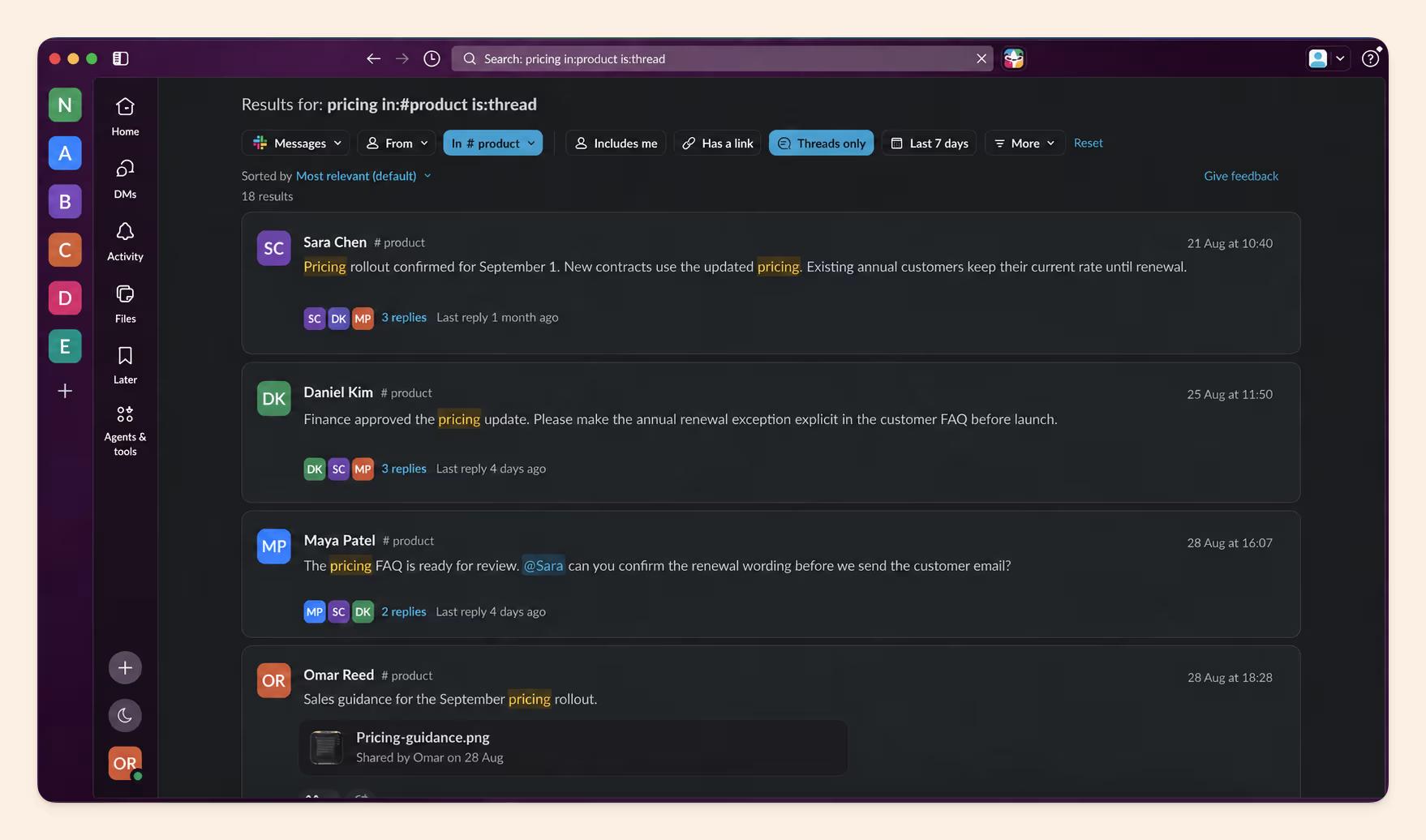 Slack search for pricing in:#product is:thread, narrowed to 18 thread results in the product channel